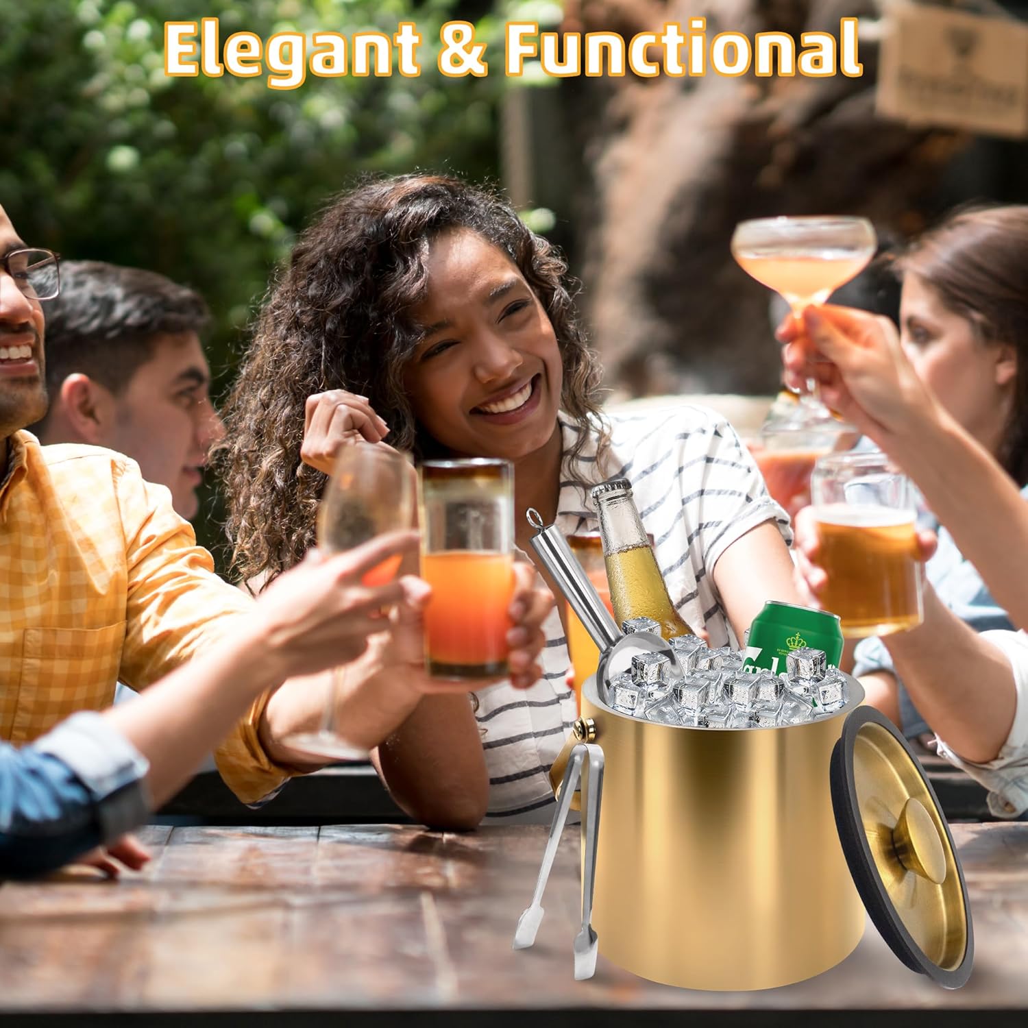 Gold Ice Bucket 3.2L – Double Wall Insulated Stainless Steel Ice Bucket with Lid, Scoop & Tongs – Large Champagne Bucket for Parties, Bar Cart, Outdoor Events, Cocktail & Wine Chilling