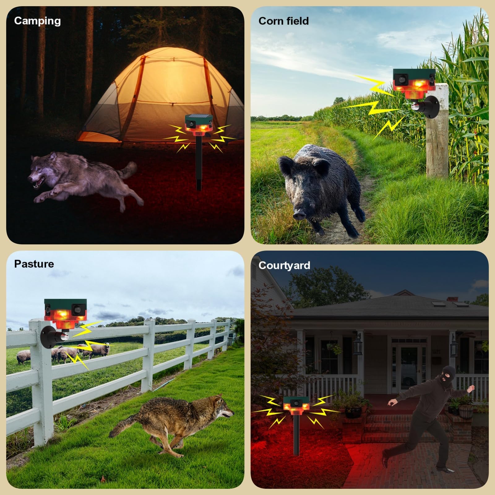 Sensor de movimiento solar para exteriores – perros ladrando y disparos, alarma de detección de movimiento de 360 grados, 2 x 130 dB para casas, granjas (2 amarillos)