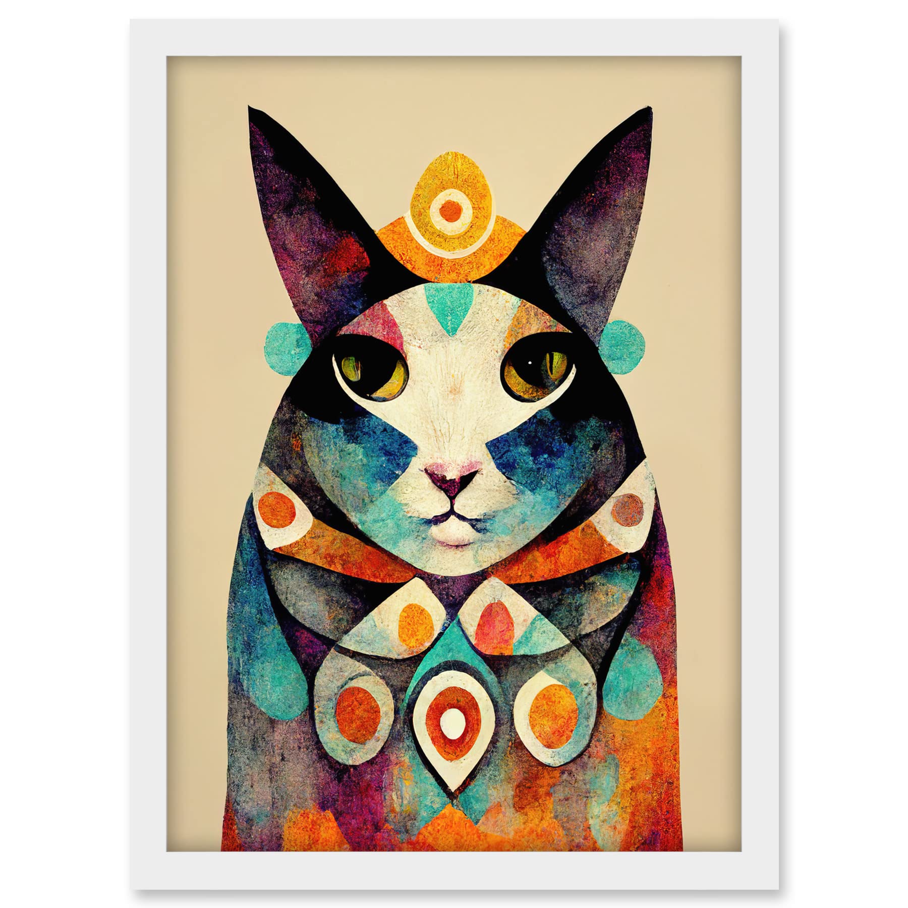 Wee Blue Coo Quirky Boho Abstract Modern Shaman Guru Cat Artwork Framed A3 Wall Art Print