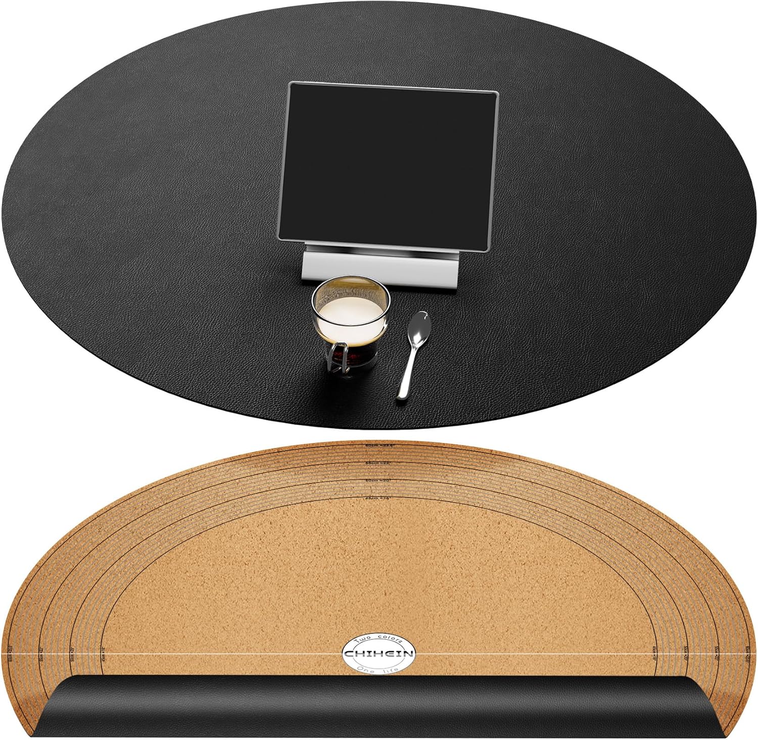 Chihein 24"/610mm/2ft Round Placemat with Cork & PU Leather - Can be Cut into Half Circle Dining Table Mat or The Round Table Cover with A Diameter of 18" - 24" (Black)
