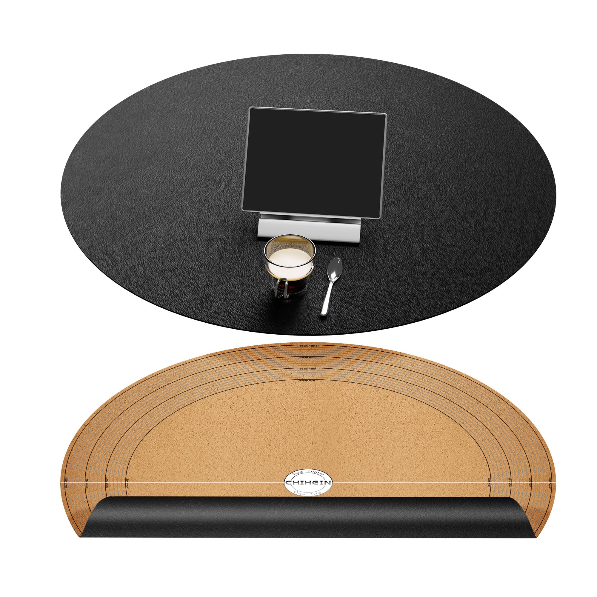 Set de table rond 61 cm Chihein en liège et similicuir noir découpable