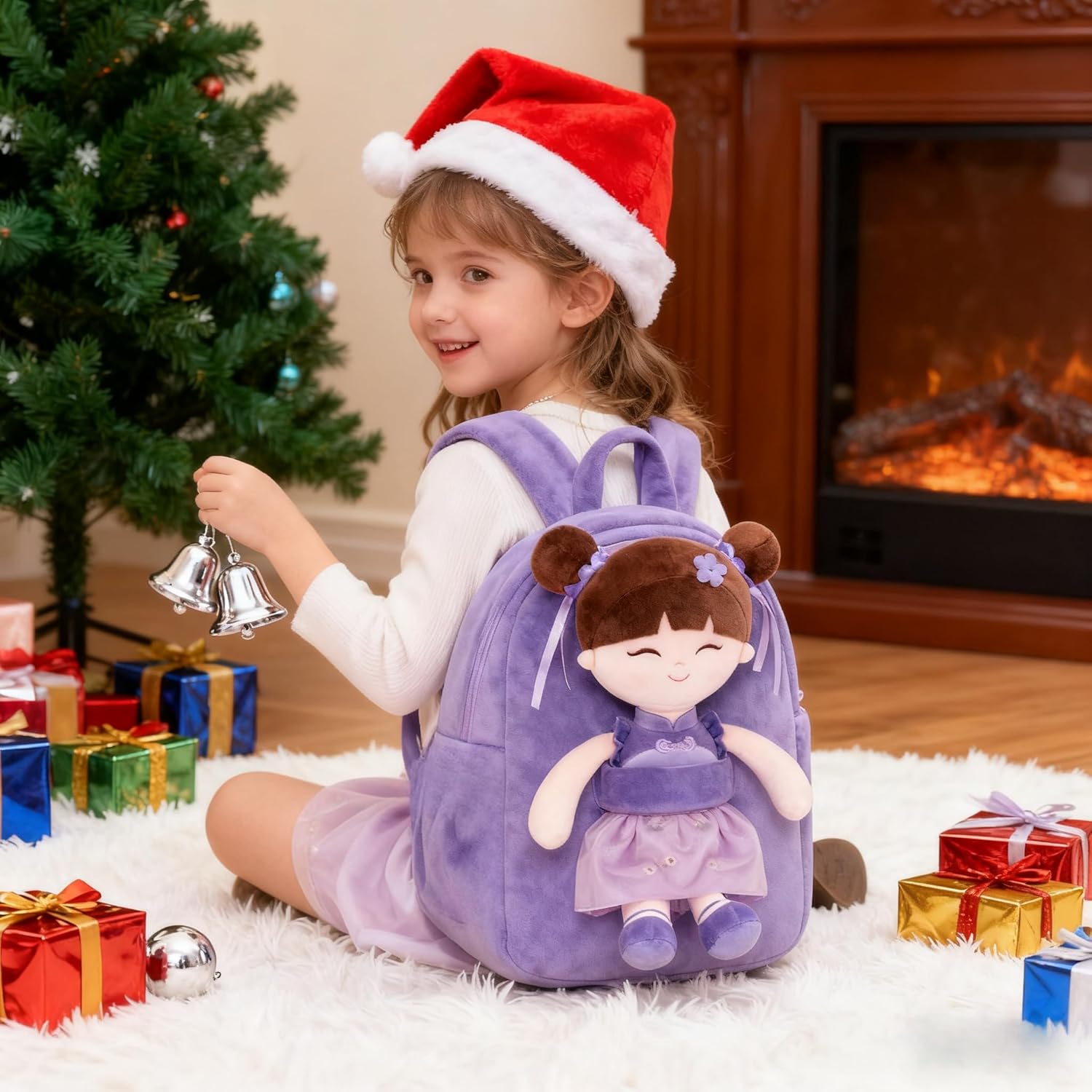 Gloveleya Back to School Gifts for Girls Kids Backpack Toddler Backpack Soft Plush Asian Girl Doll Backpacks Purple 9" - Image 4