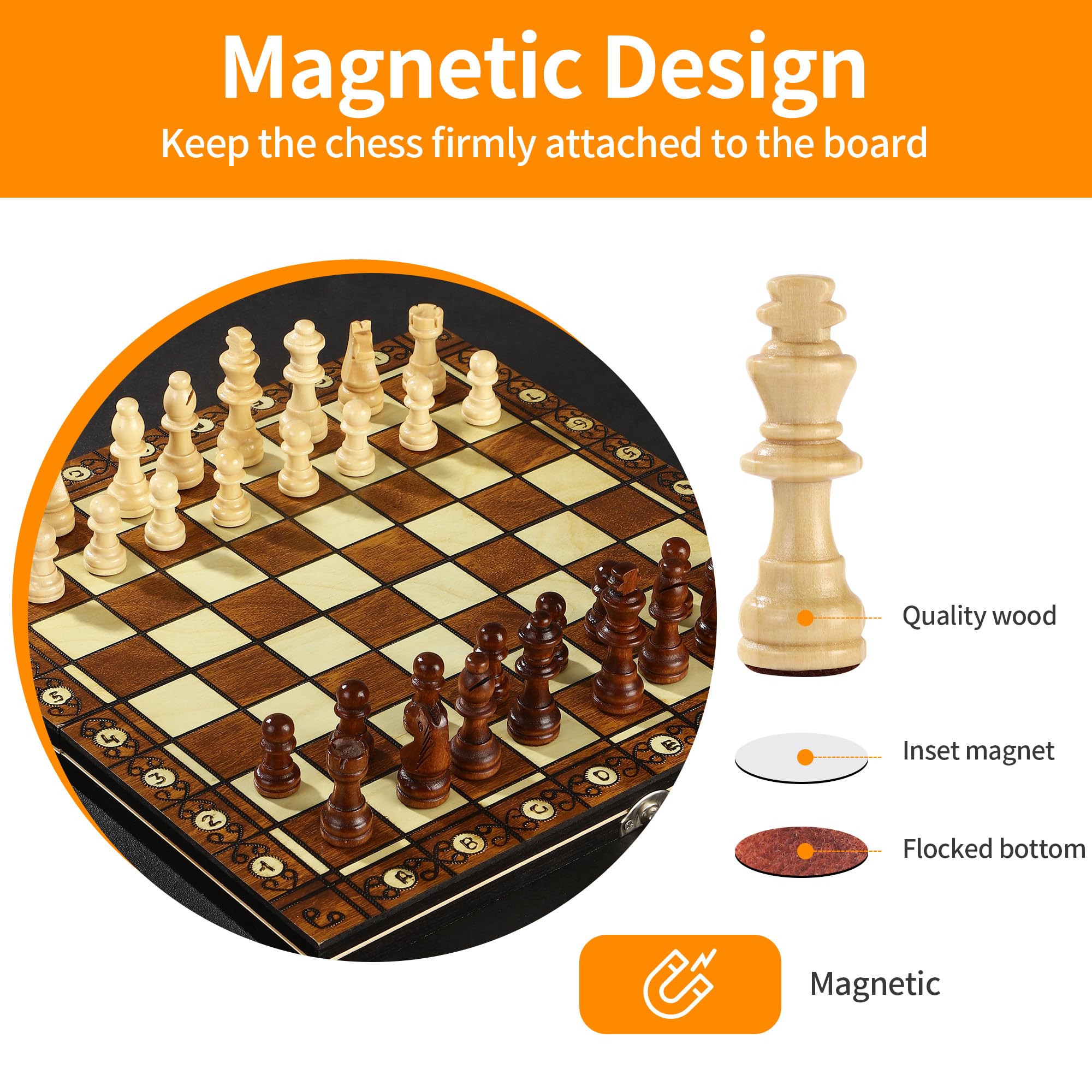 Scacchiera in Legno 3 in 1 - 29x29cm Magnetica e Portatile - Dama Gioco da Tavola per Bambini, Adulti, Feste, Attività Familiari