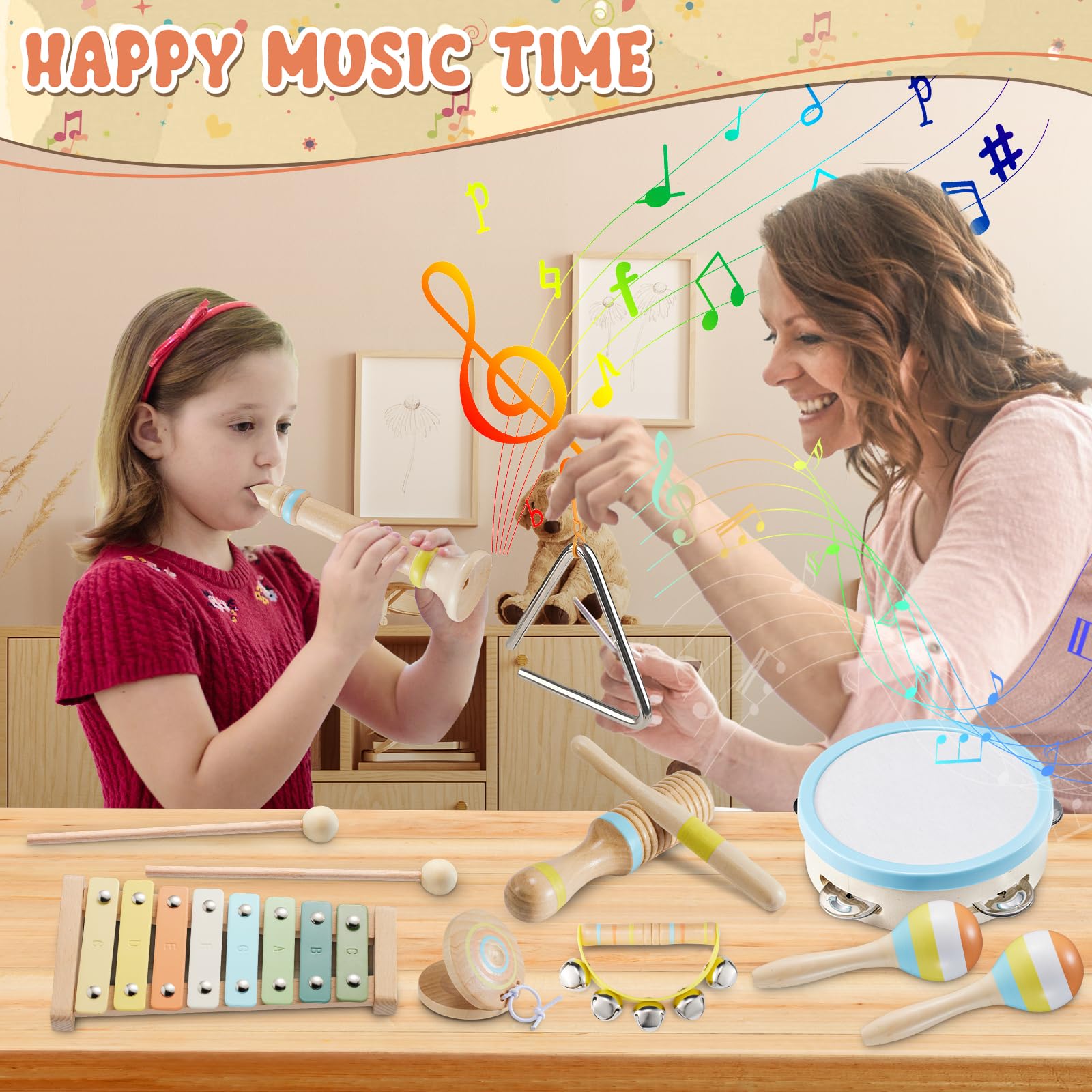 Juego de instrumentos musicales para bebés, juguetes de música de madera Montessori para niños pequeños de 3, 4, 5 años, kit de música de percusión de color neutro con tambor, xilófono, bolsa de 6
