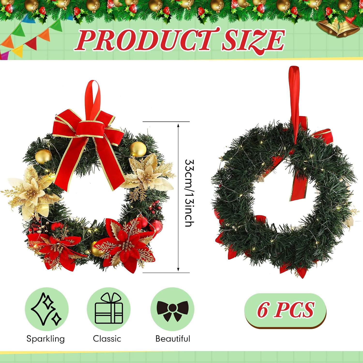 Lyrow 6 Pcs Lighted Christmas Wreath with Red Bow Ornament, Classic