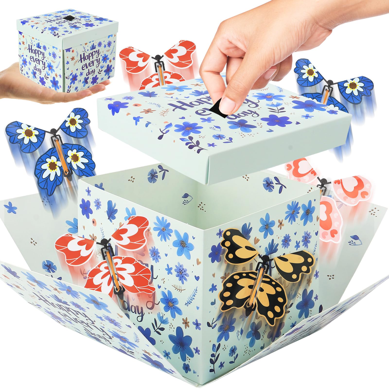 Flying Butterfly Explosion Gift Box with 6 Pcs Flying Butterflies, Surprise Birthday Gift Box with Butterfly, Surprise Cake Boxes for Birthday, Anniversary, Wedding,Graduation Special Occasions Blue