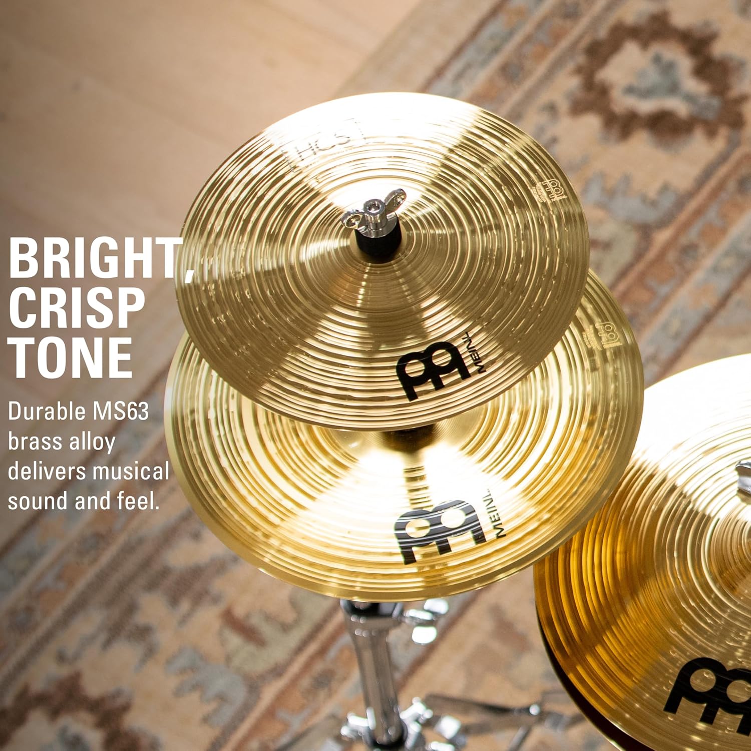 Close-up of Meinl HCS cymbals showing bright, crisp tone