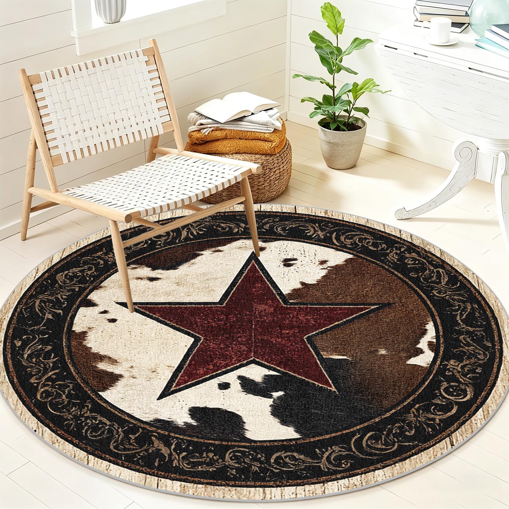 Tapis rond peau de vache 200 cm lavable et antidérapant pour un entretien facile au quotidien