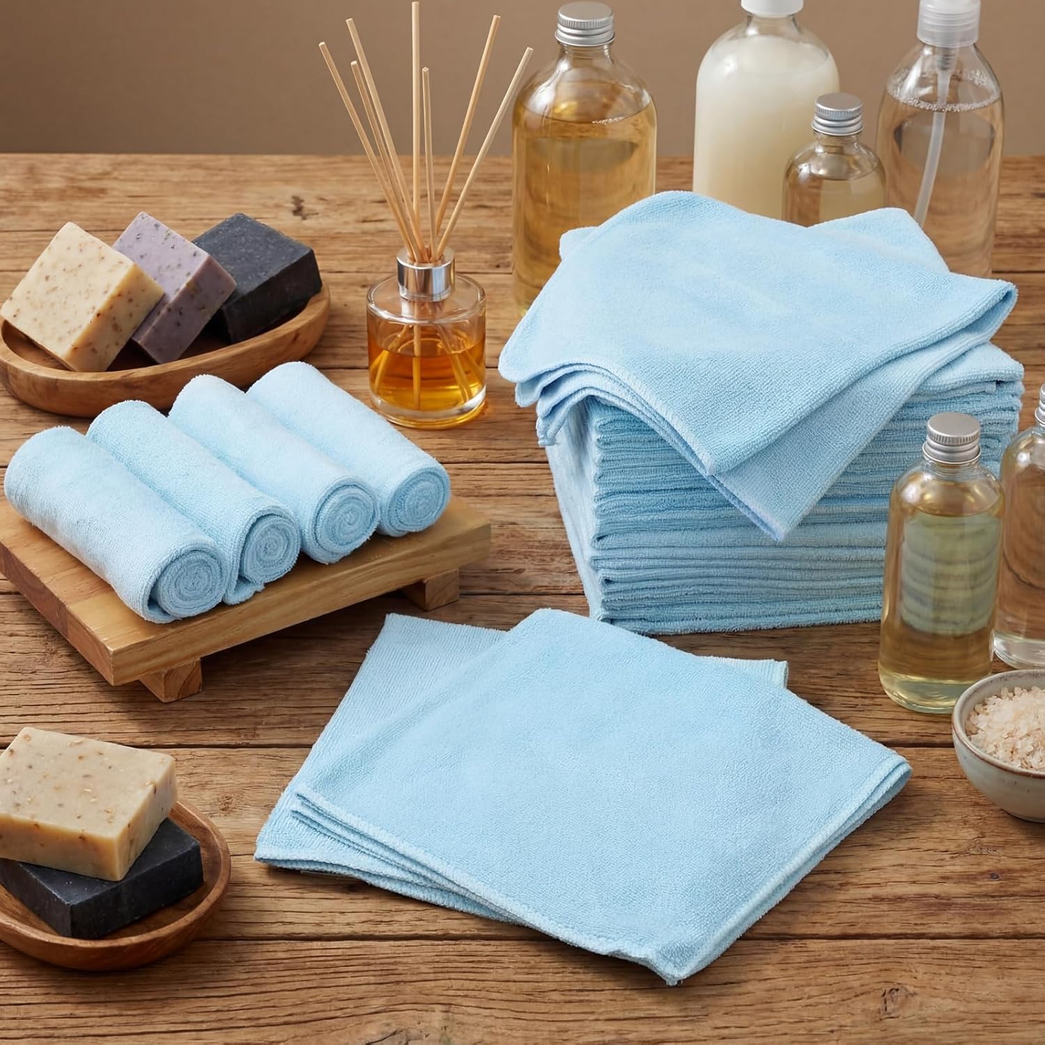 Nuenen Cleaning Cloths for Cars 16 x 16 Inch Ultra Absorbent Towels Drying Microfiber Reusable Cleaning Supplies House Kitchen Window Microfiber Towel(Light Blue,60 Pcs)