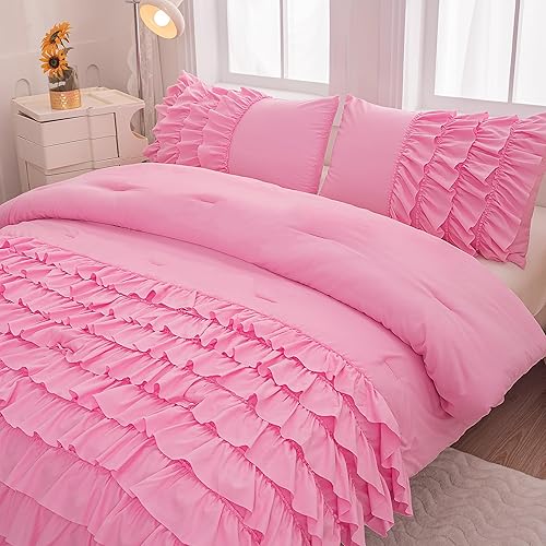 Miniatura 3 de Juego de edredón rosa con volantes tamaño individual, juego de edredón para niñas, juego de edredón de princesa individual, juego de ropa de cama