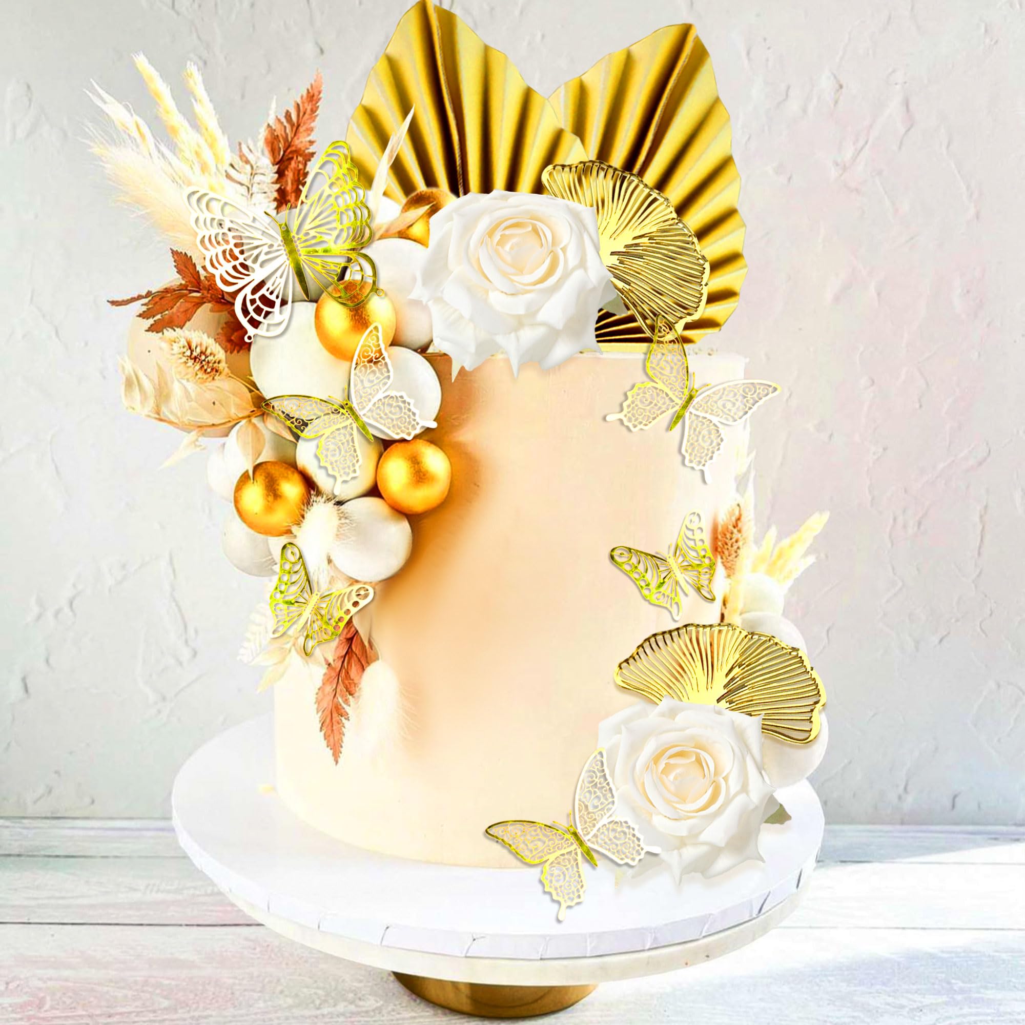 Boho Champagner Tortendeko Gold Kugeln Tortendeko Gold Palmblätter Cake Topper Böhmische Weißgoldkugel für Hochzeit Geburtstag Jubiläum