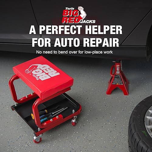Miniatura 3 de Big RED 250lb Red Rolling Automotive Creeper GarajeShop Seat Taburete mecánico acolchado con herramienta Bandeja grande Adecuado para garajes,