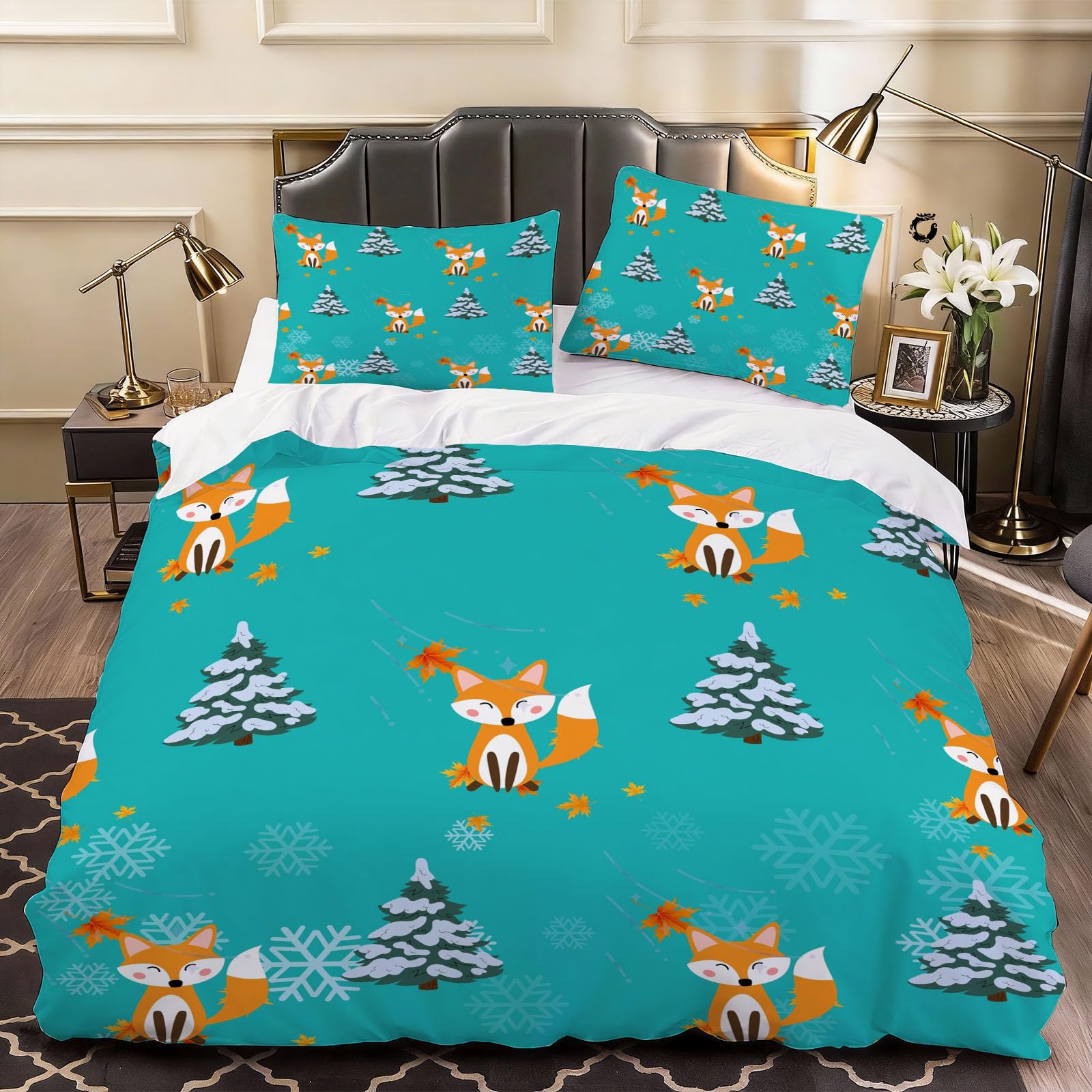 3D Fox Animal Cartoon Duvet Cover Snowflake Winter Bedding Double Bed Set, Soft Microfiber Comforter Cover Printed with Zipper Closure Quilt Coverr 200x200 cm and 2 Pillowcases