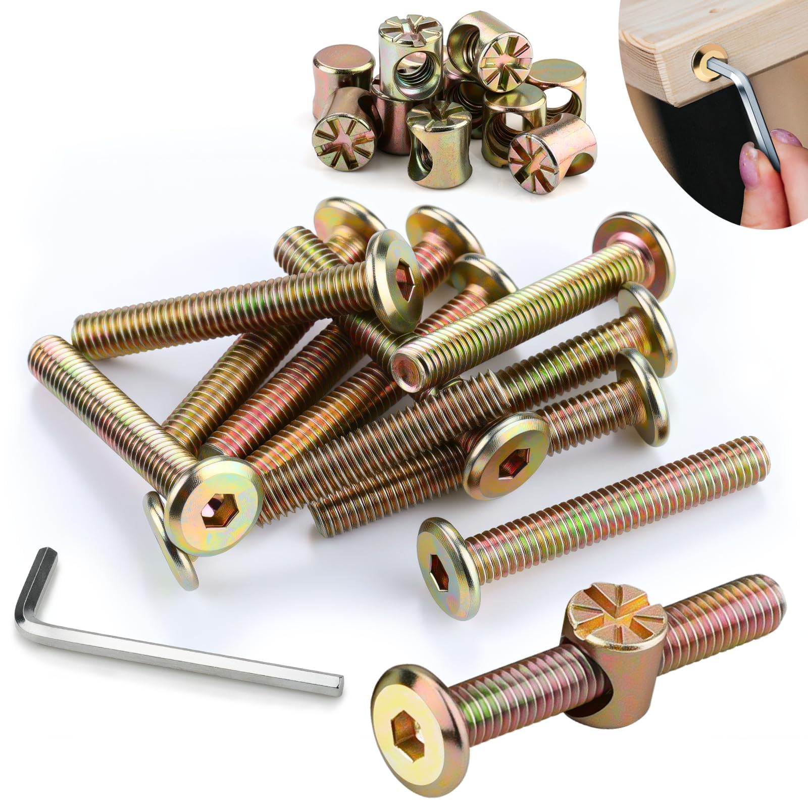 SWTYExt 12pcs M6x50 mm Furniture Bolts and Screws with Hex Key, Zinc Plated, Hex Socket Head, Bed Bolts, Barrel Nuts