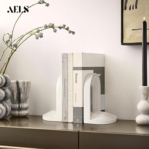 Miniatura 7 de AELS Mordern - Sujetalibros resistentes de arco de mediados de siglo, soportes decorativos únicos para estantes, soporte de libros de escritorio de