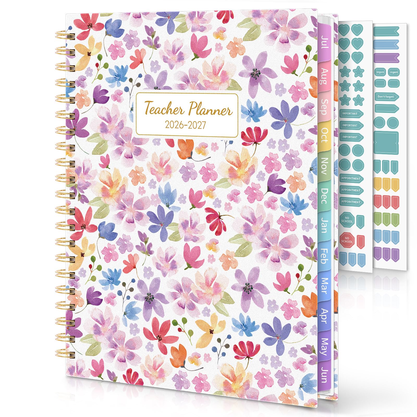SKYDUE Teacher Planner 2026-2027 Academic Year, 8.5" x 11" Teacher Lesson Planner with Monthly Tabs & Stickers, Lesson Plan Book 26-27, Floral
