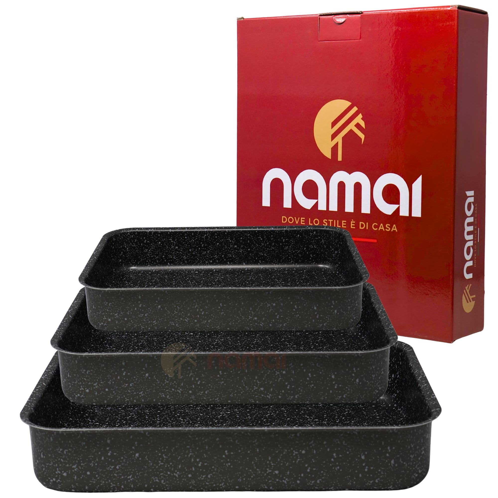 NAMAI Zestaw 3 prostokątnych foremek do piekarnika - nieprzywierająca lasagiera, nadaje się do zmywarki, aluminium, blacha do pieczenia, wzór z efektem kamienia, zestaw 3 patelni do pieczenia 1