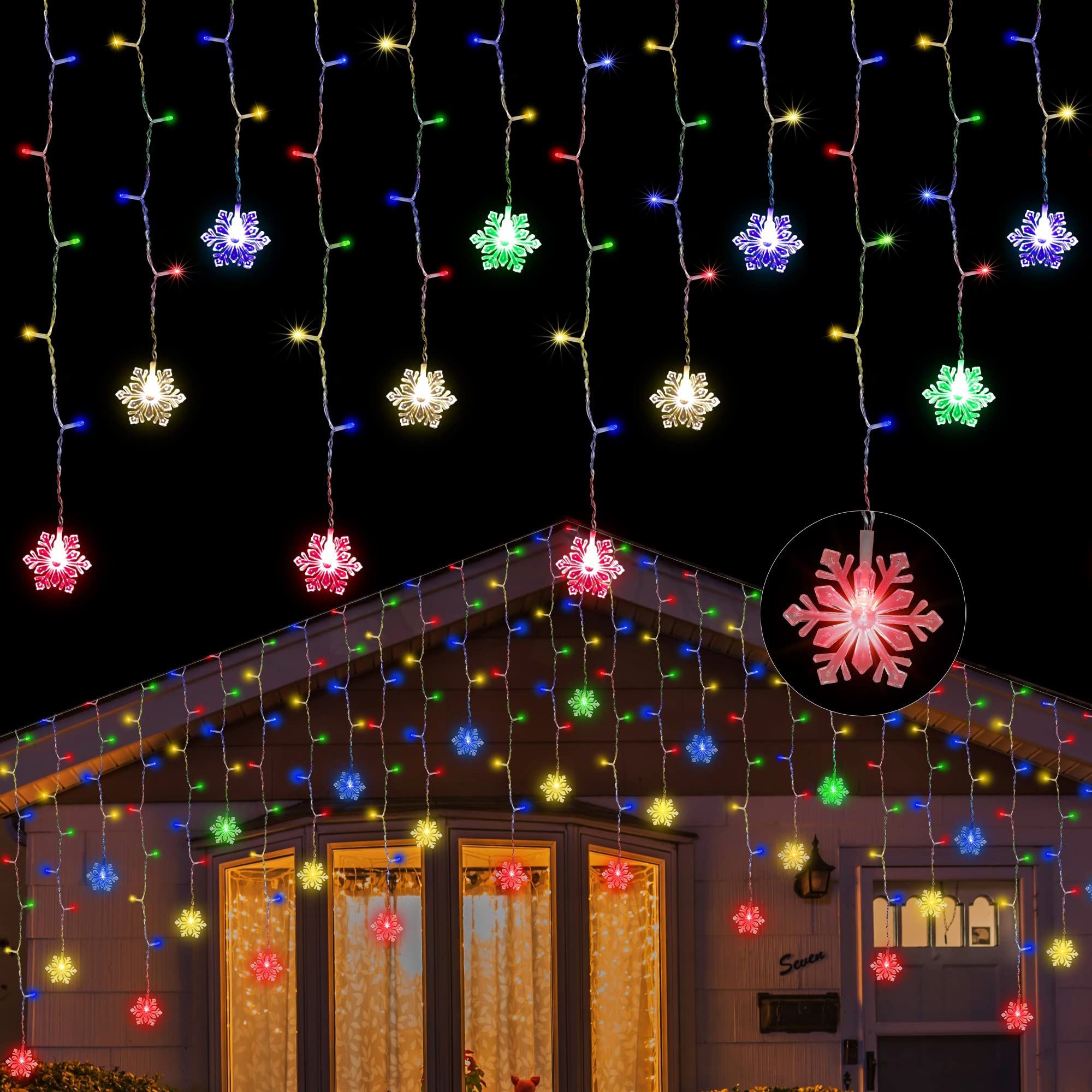 150 LED Icicle Lights with Snowflake,8 Twinkle Modes Curtain Lights,Hanging Fairy Lights for Outdoor Christmas Lights, Holiday Wedding Party Decoration (Multi-Colored)