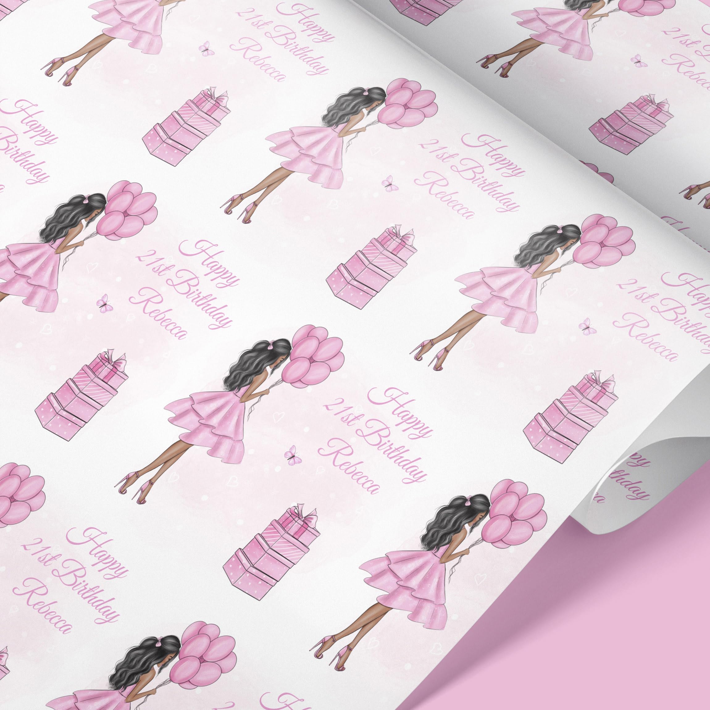 Personalised Pink Dress Gift Wrap – Custom Hair & Skin Colour Options – 61cm Wide Roll – Birthday Wrapping Paper for Her – Milestone Present Wrap – 1m to 8m Length