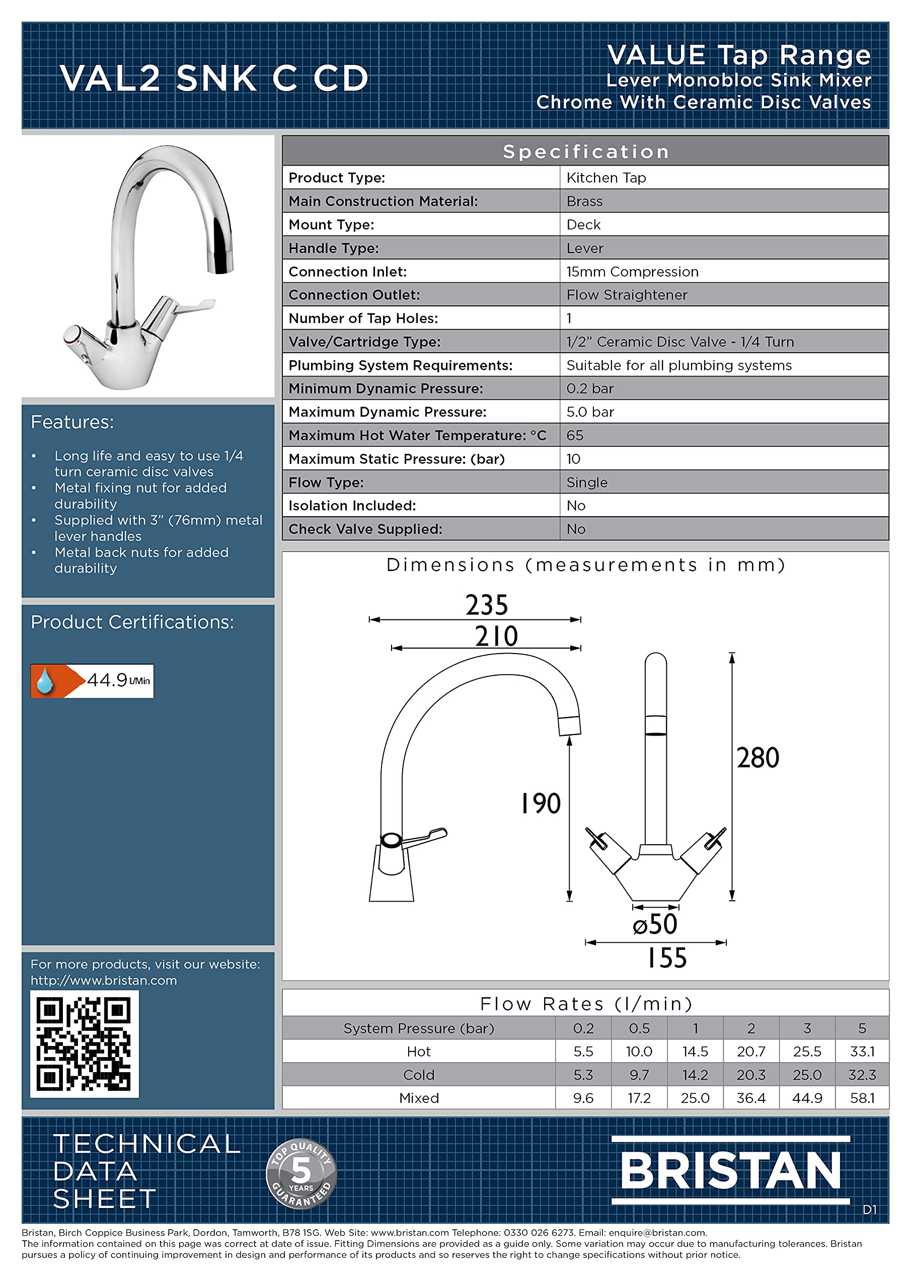 Bristan VAC2 SNK C MT Value Mono-Spültischarmatur - 2 Hebel, Verchromt, Mit 5 Jahre Garantie