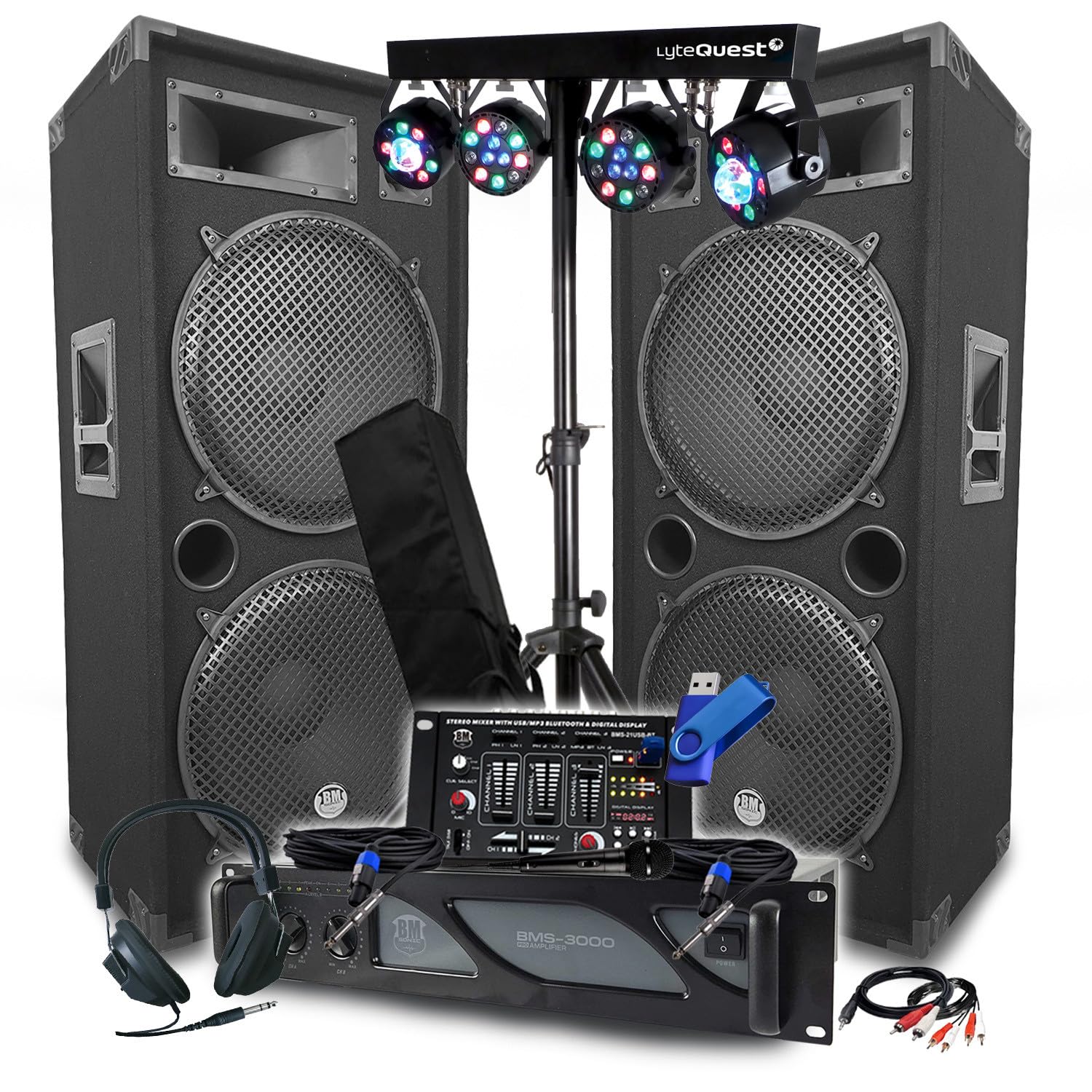Bmsonic Sono BM Verstärker 3000 W, Paar Lautsprecher LSC215 2 x 2000 W, Bluetooth-Mischpult, 8 LED-Leuchten + 32 G Schlüssel