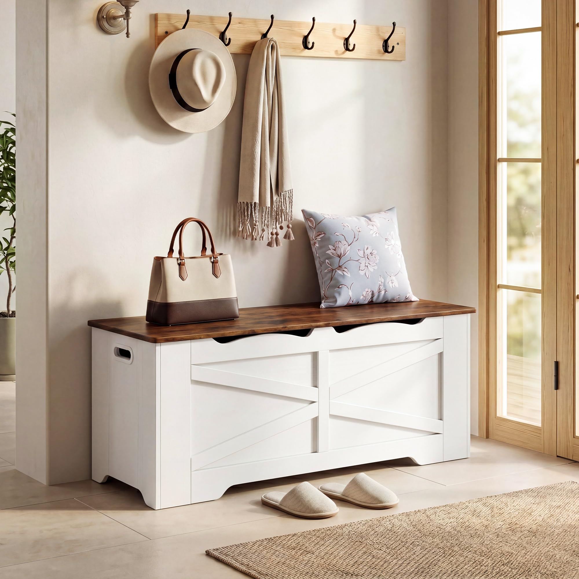 47.2" Wooden Storage Bench, Flip Top Trunk with 2 Safety Hinges, 300lbs Capacity, Multifunctional Entryway Bench for Hallway Bedroom Living Room, Blanket Organizer, White Walnut