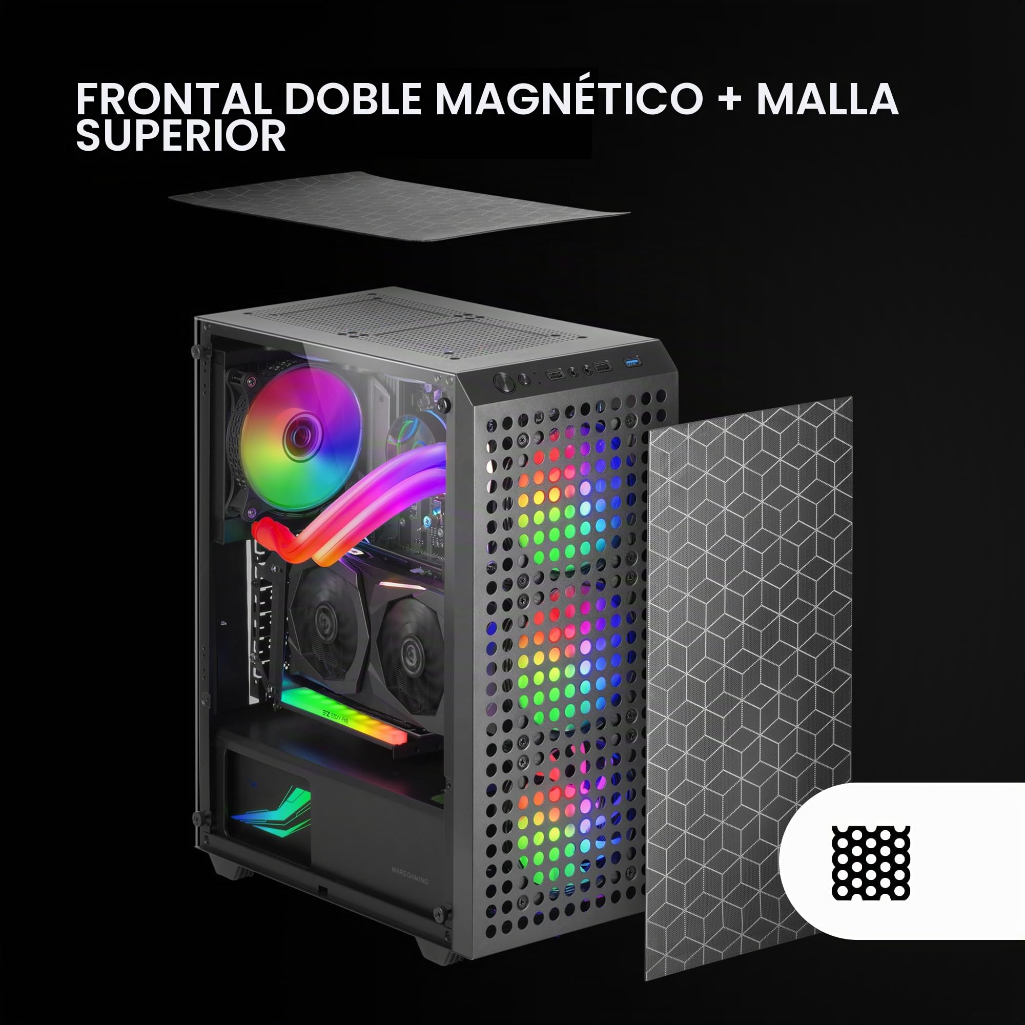 Mars Gaming MC-mag, Caja Gaming ATX, Ventana Lateral Completa Cristal Templado, Doble Rejilla Magnética Antipolvo Frontal + Superior, 3X Ventiladores FRGB 120mm, Refrigeración Líquida 360mm, Negro