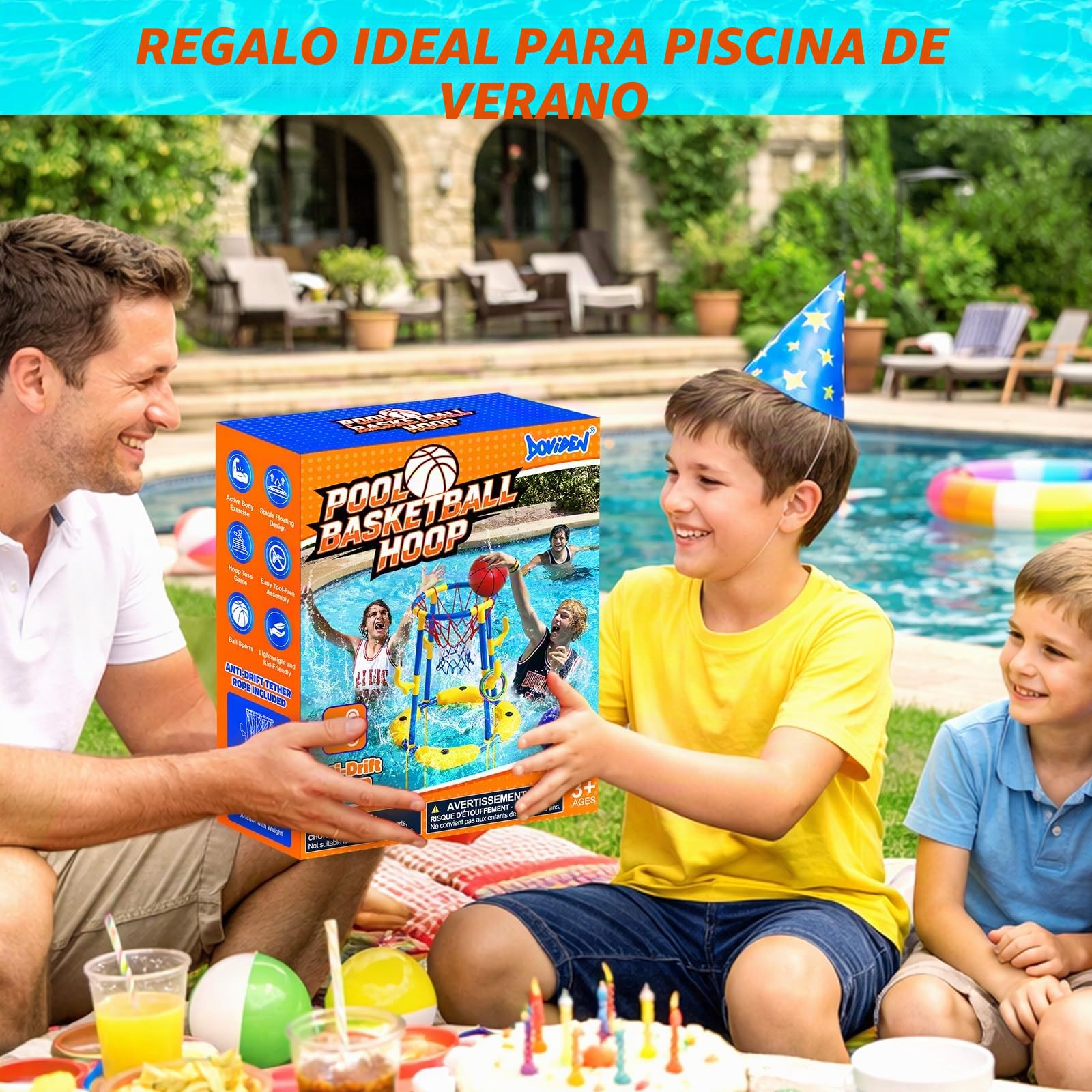 Set de canasta de baloncesto para piscina Doviden_Canasta de baloncesto flotante para piscina con 4 pelotas de agua, bomba y aros, juguete de piscina 2-en-1 para adultos, adolescentes/niños, juguete