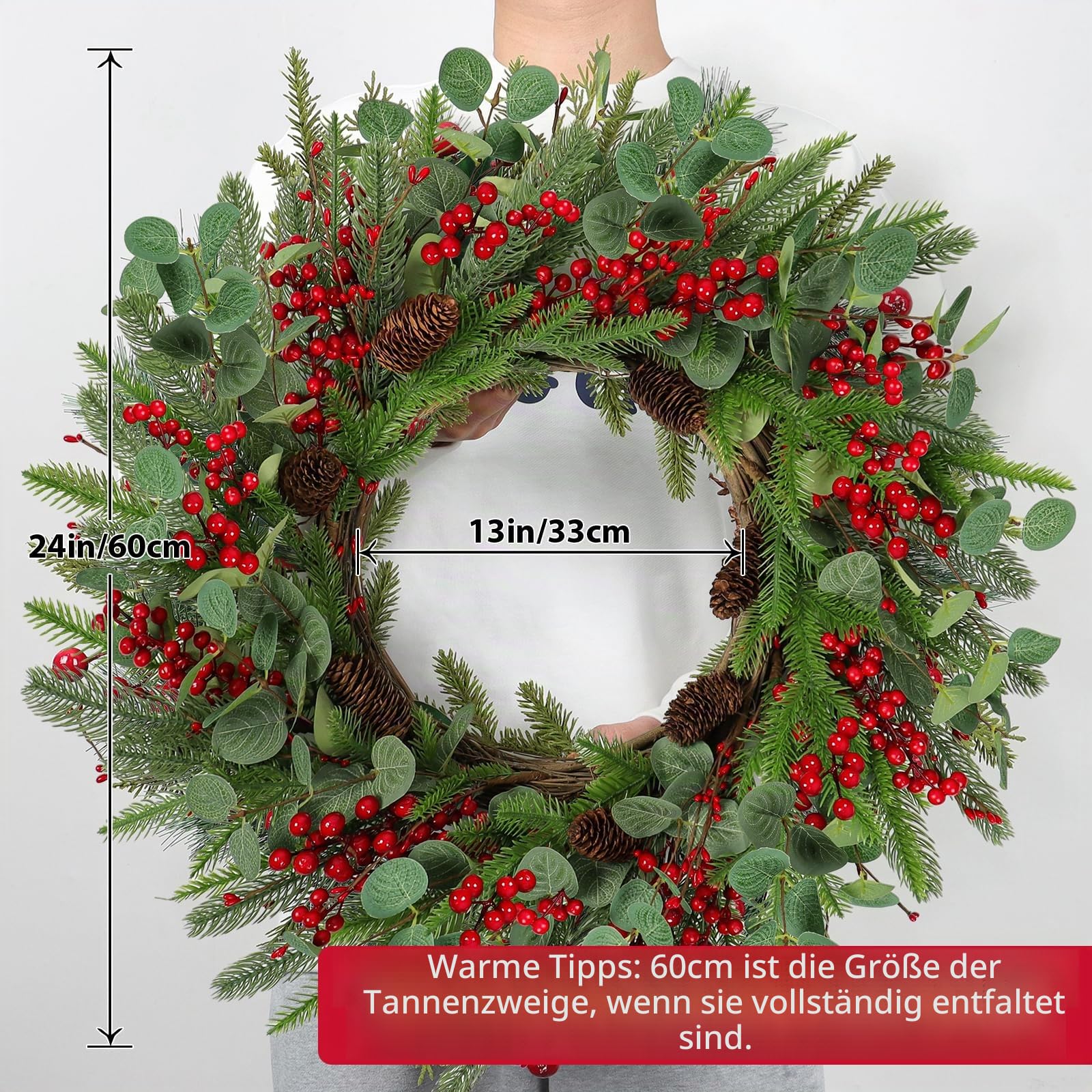 Betylifoy Weihnachtskranz Türkranz Weihnachten 60CM mit Beeren Tannenzapfen | Großer Weihnachtstürkranz Eukalyptus Girlande für Weihnachten Winter Haustür Kamin Dekorationen