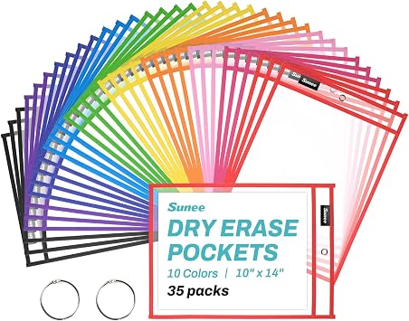 SUNEE 35 Packs Oversized Reusable Dry Erase Pocket Sleeves with 2 Rings, 10 Assorted Colors 10x14 Ticket Holders, Clear Plastic Sheet Protectors, Teacher School Classroom Supplies