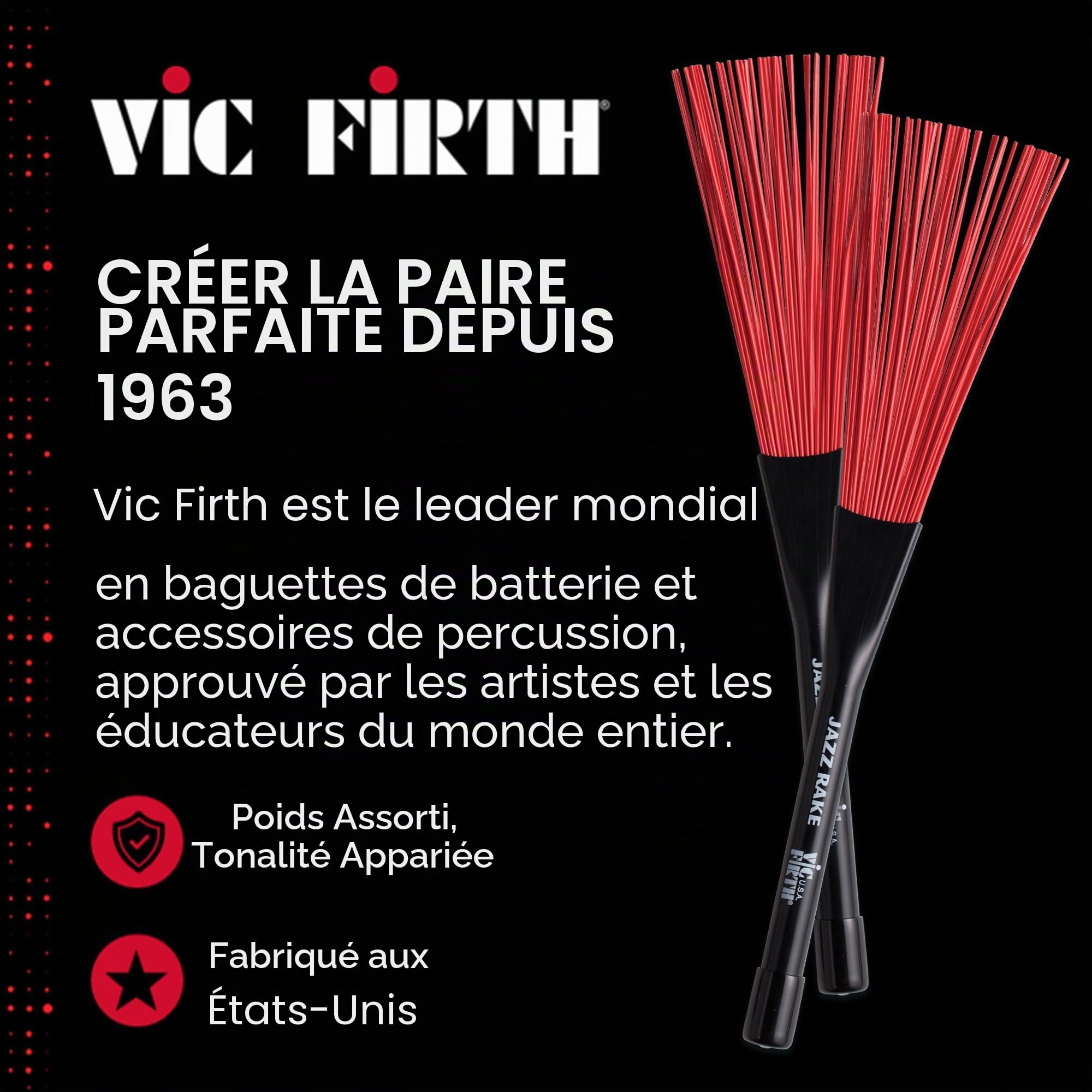 Vic Firth Balai de Jazz, Poils Escamotables Rouges, Manche en Plastique