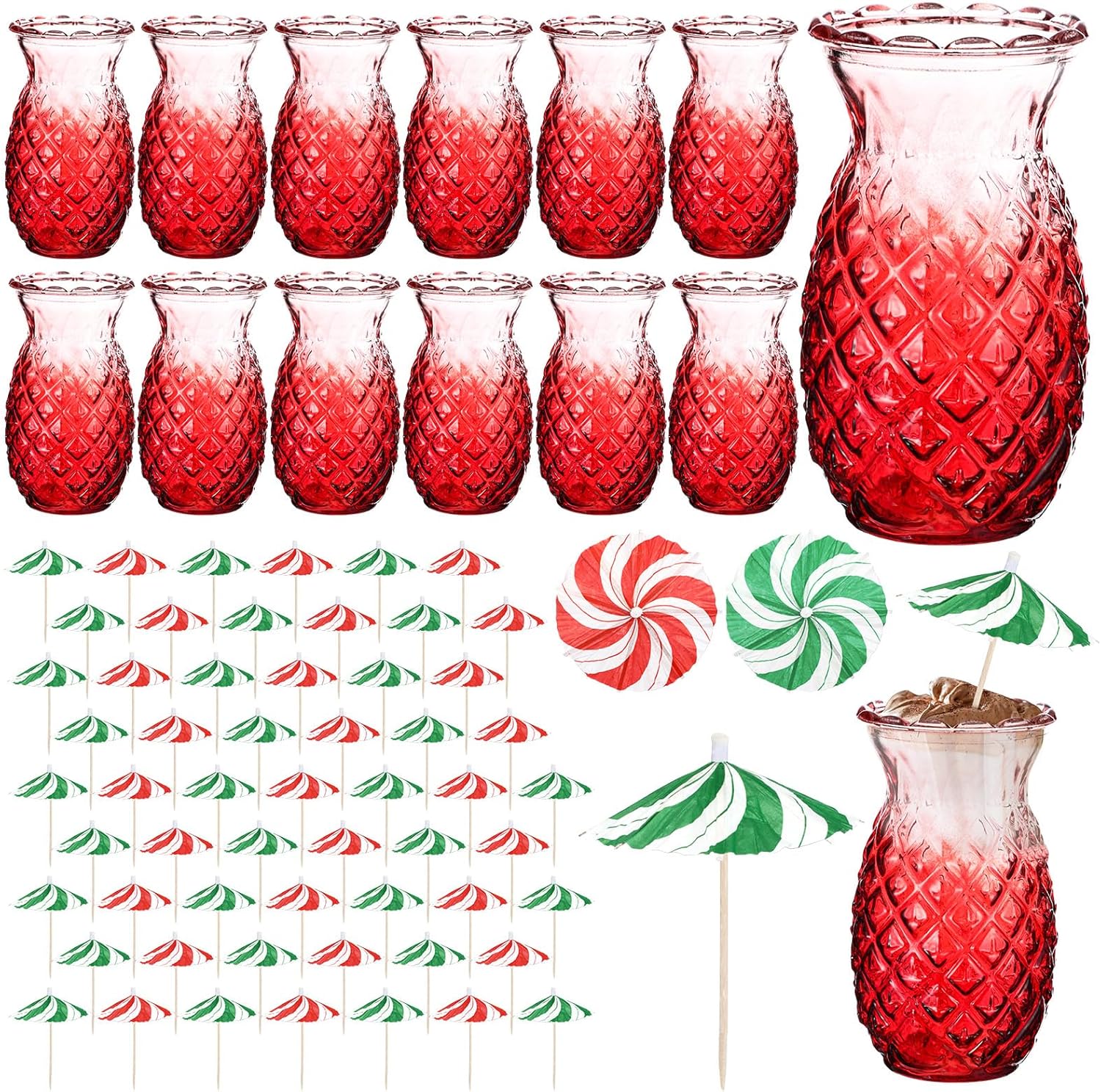 ( incomplete 10 pcs only ) Tioncy 20 Pcs Pineapple Glasses 200 Pcs Candy Cane Drink Umbrellas 18 oz Pineapple Glasses for Cocktails Drink Umbrellas Cocktail Picks Pineapple Beverage Drinkware for Party Decor(Red)