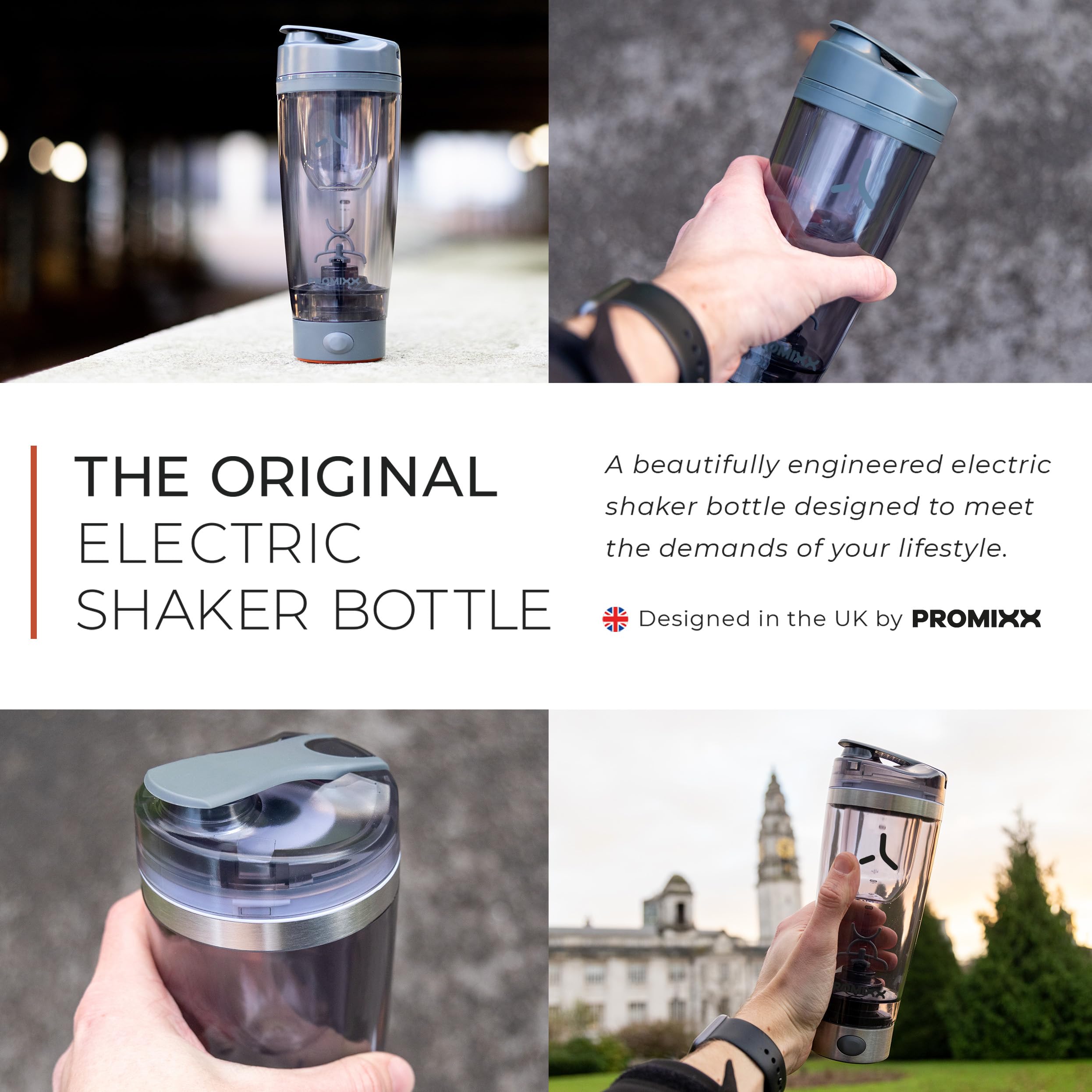 Promixx Pro Shaker Électrique – 600ml – Mélangeur Vortex Protéiné Rechargeable USB-C avec Technologie X-Blade & Stockage Suppléments – Shaker Sans BPA Facile à Laver Fitness & Voyage – Gris Graphite