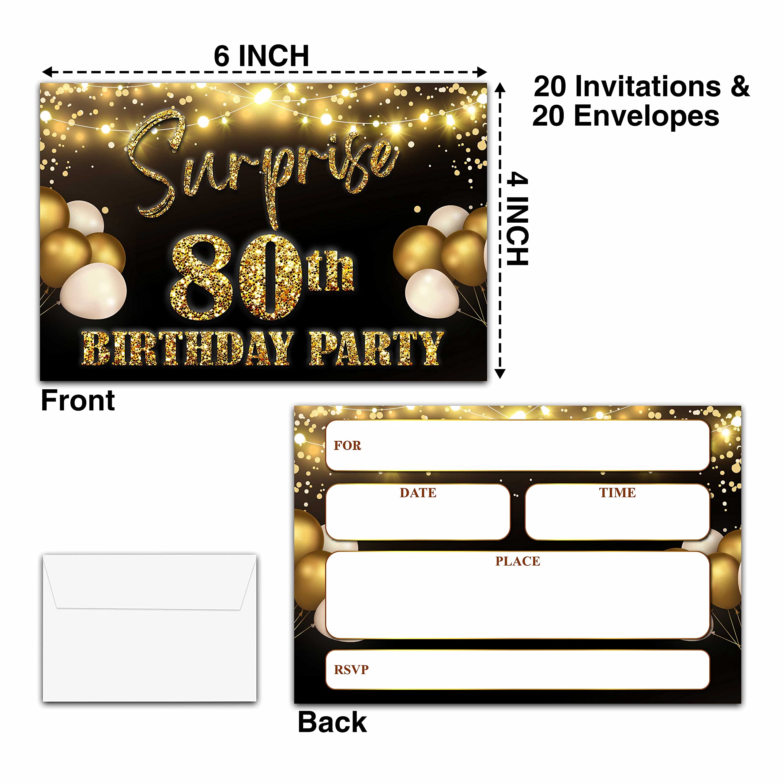 YSTEP 80th Birthday Party Invitations, 20 Black Gold Invite Cards with Envelopes, 4