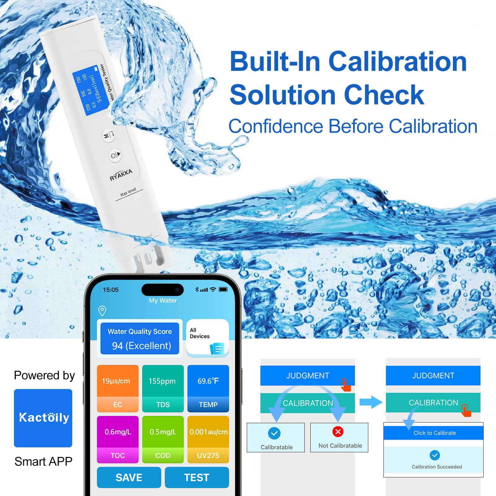 Testeur d’Eau Intelligent 6-en-1 avec App, Analyse TDS/EC/TOC/COD/UV275/Temp, Score 4 Couleurs, Calibration Intelligente, Testeur de Qualité de l'eau Portable pour Filtre, Maison, Camping