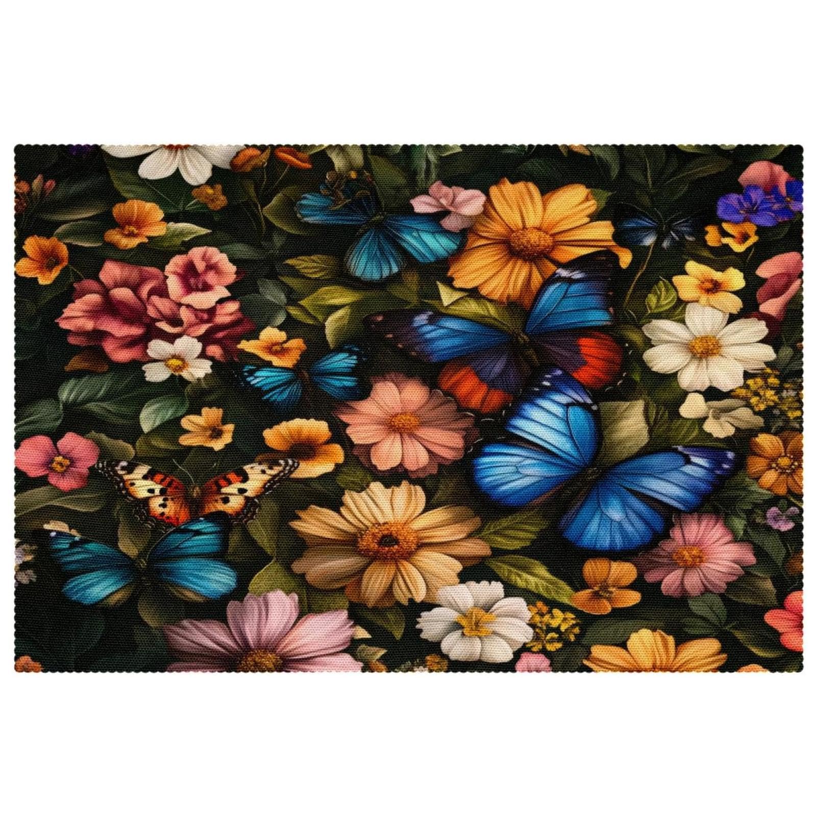 Vapokf Multicolor Blue Butterflies On Wildflowers Placemats, Set Of 6 Table Mats For Dining Tables, 12×18 Inches Anti-Skid Heat Resistant Kitchen Table Place Mats