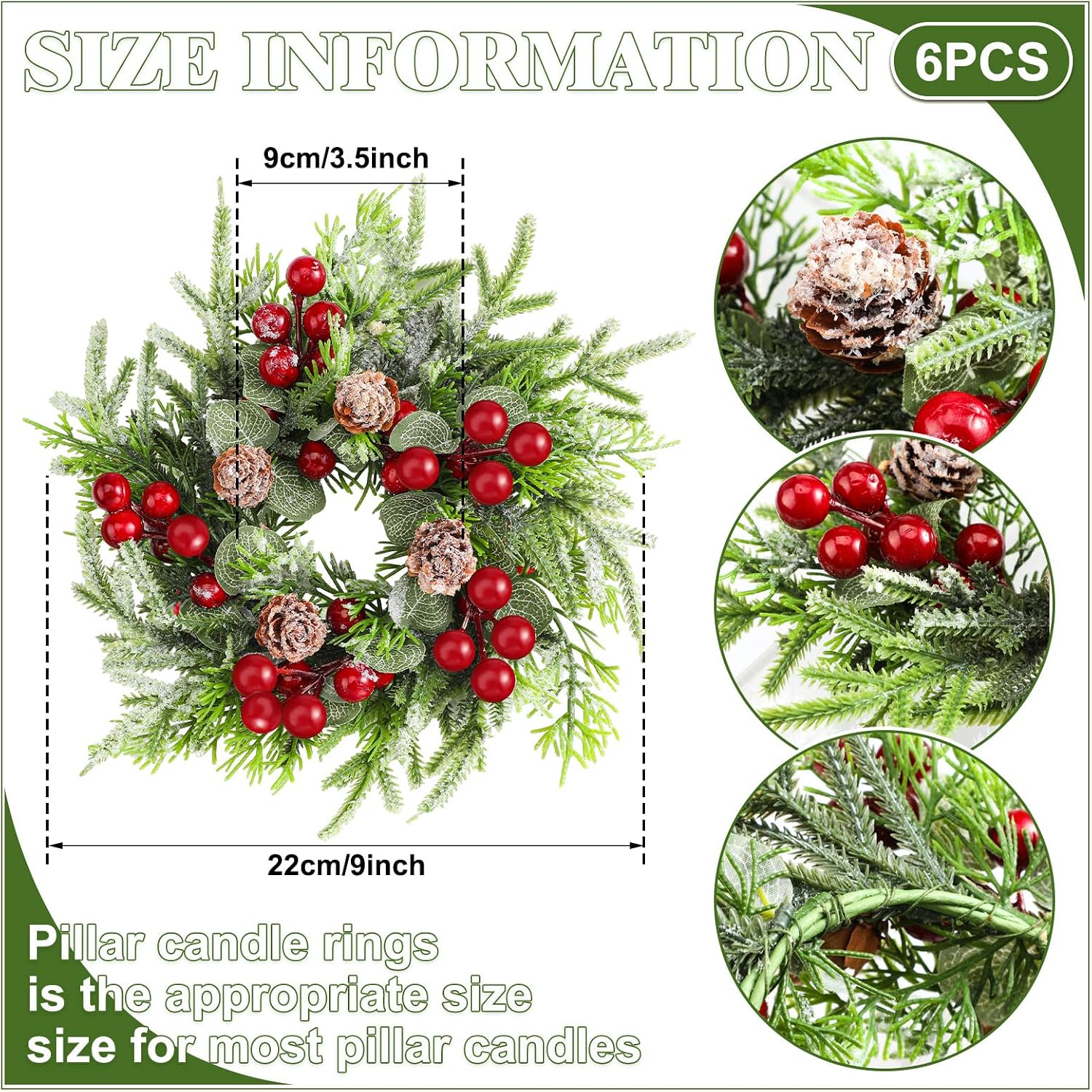 Lyrow 6 Pcs Christmas Candle Rings Wreath Xmas Kitchen Cabinet Mini Wreath Artificial Berries Snowy Pine Candle Ring Holder for Christmas Chandelier Home Table Centerpiece Indoor Decor