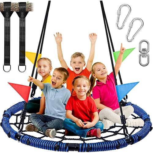 Odoland Spider Web Tree Swing, Outdoor Saucer Net Swing, 900D Oxford Platform Swing for Kids Adult, Backyard Round Flying Swing with Hanging Ropes Straps and Turnbuckle 43in Black Blue