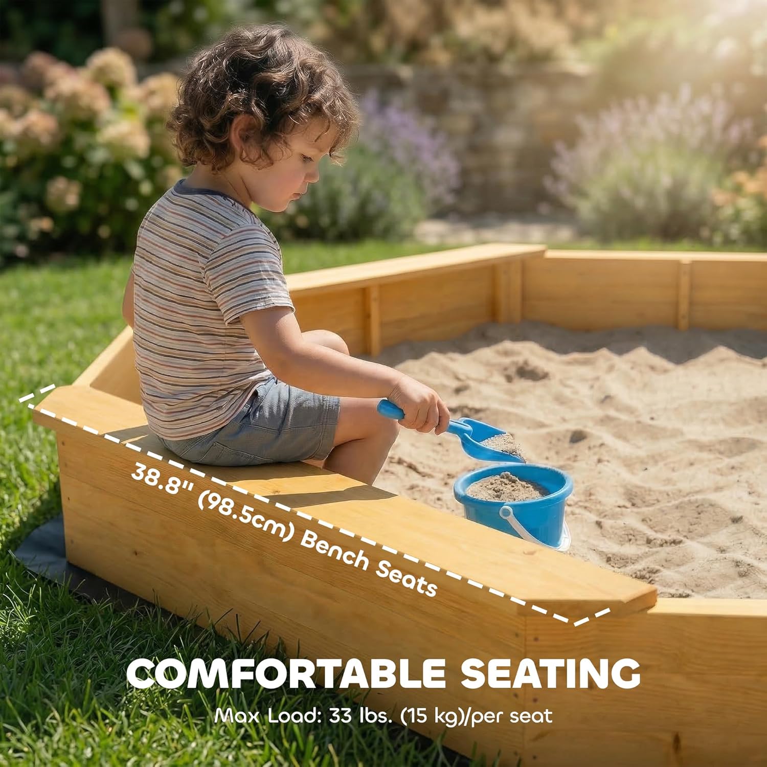 Qaba Wooden Sandbox with Large Canopy, Outdoor Sand Box with 4 Bench Seats, Bottom Liner for 8 Kids, Sand Pit for Backyard Garden, Gift for Aged 3-8, Yellow