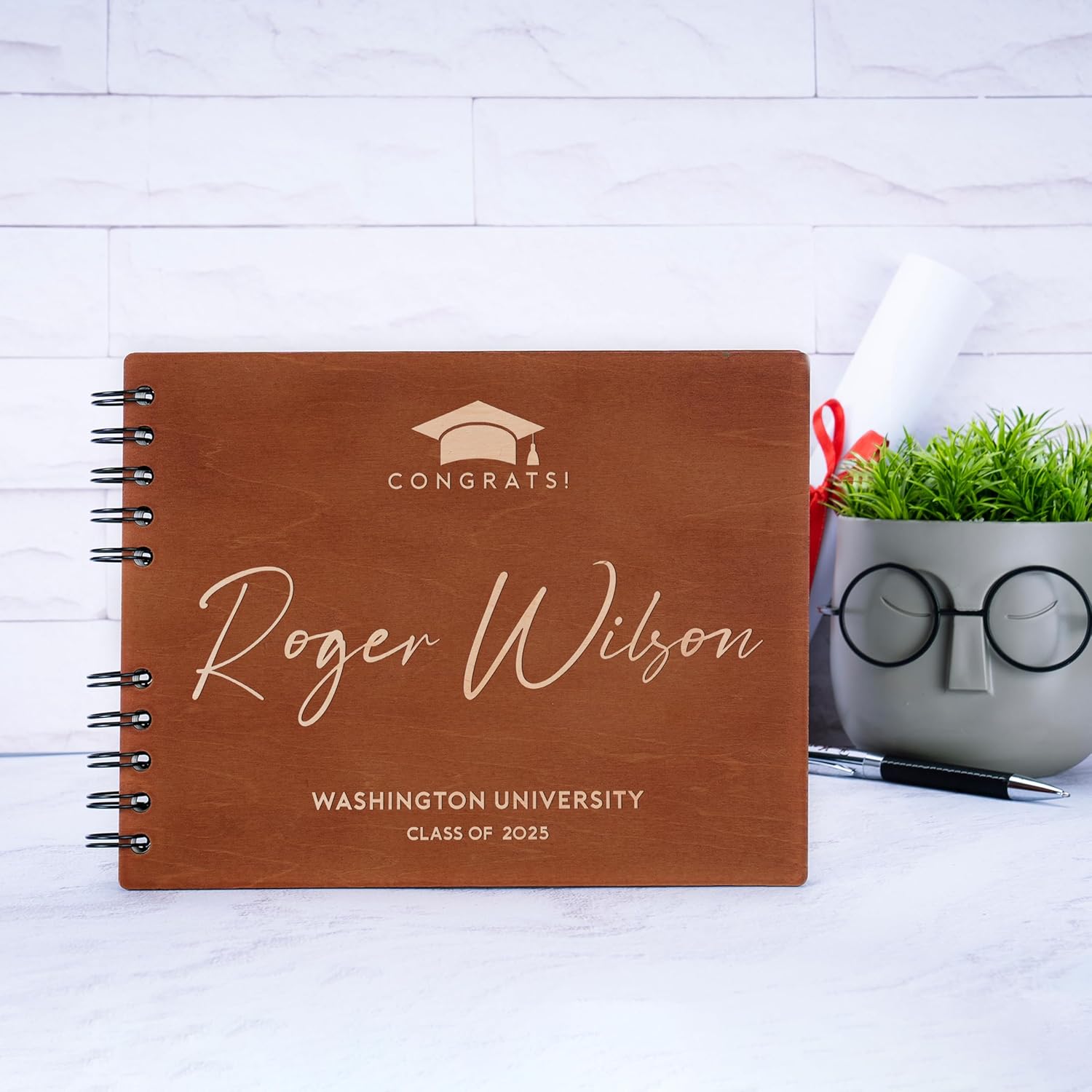 Graduation Guest Book 2023, Personalized with 5 Designs & 5 Rustic Colors - 2 Optional Sizes - Customized Guestbook Registry Sign-in with Name - Date, Hard Cover Laser Engraved Guest Book, D4