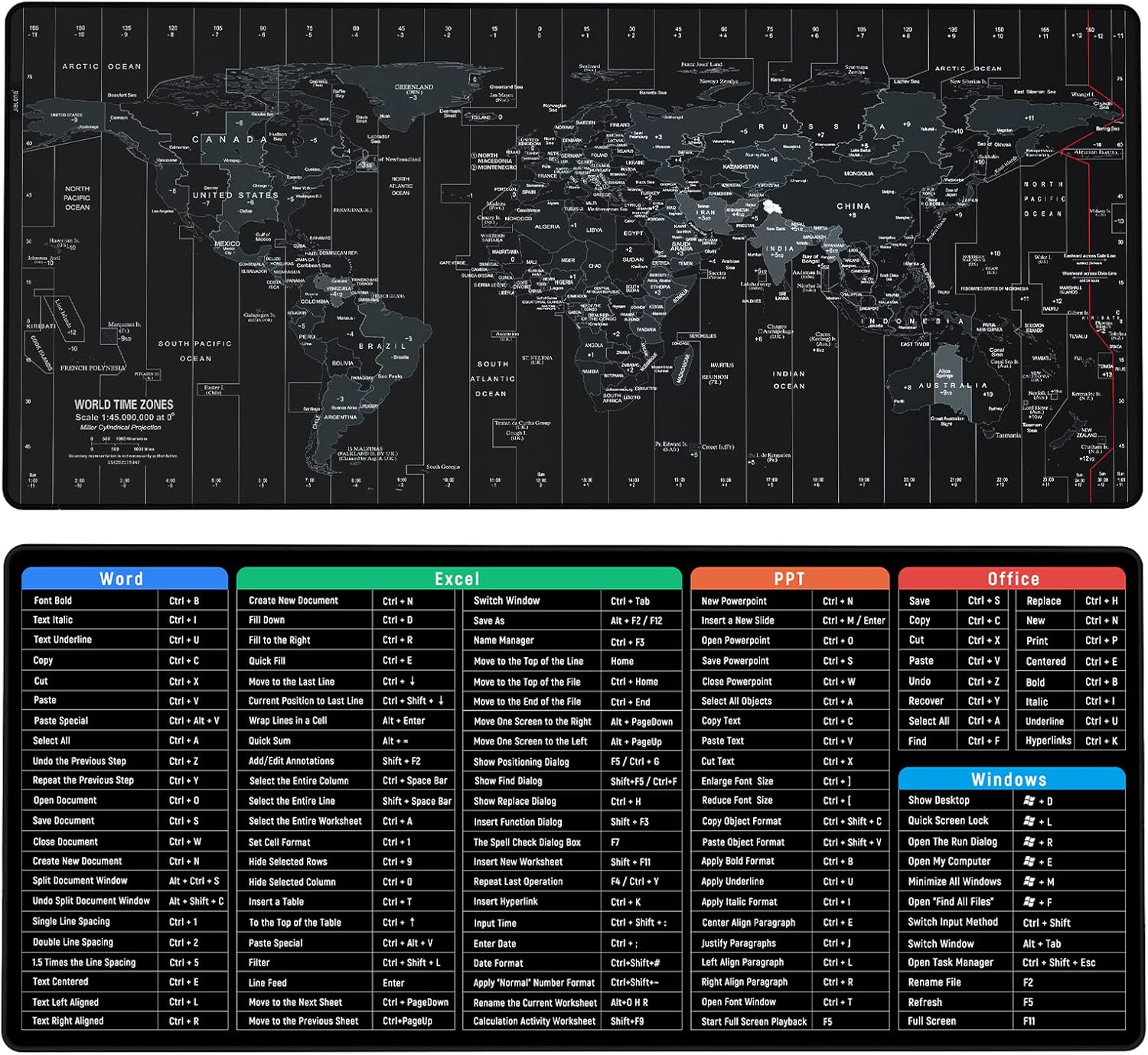 Black World Map & Keyboard Shortcuts Mouse Pads 35.4 X 15.7X 0.12inches