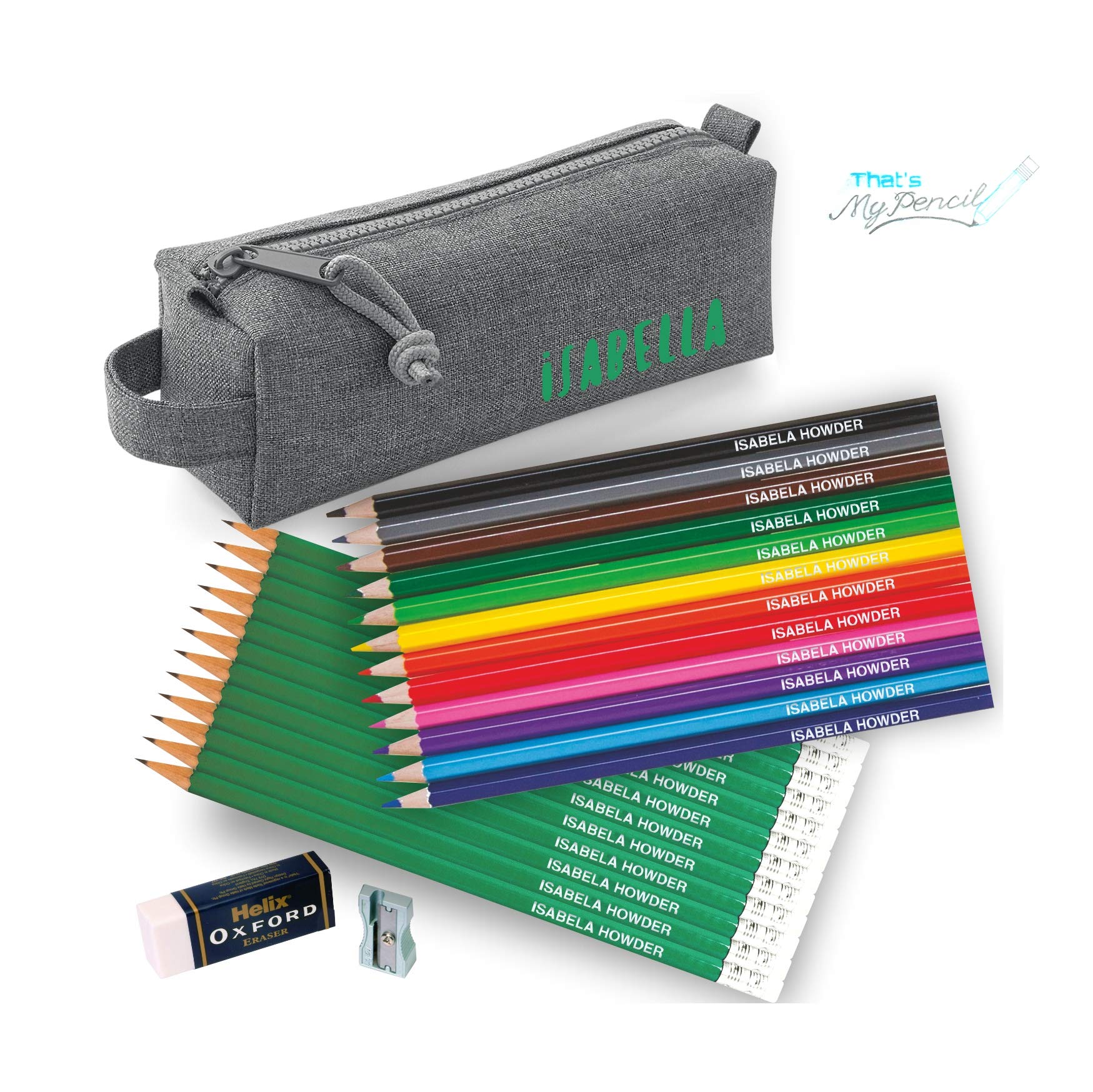 Personalised Marl Grey Block Pencil Case with 12 Colouring Pencils, 12 Matching HB Pencils with Erasers Plus Helix Oxford Sharpener and Eraser - Printed in UK by 'That's My Pencil' (Bottle)