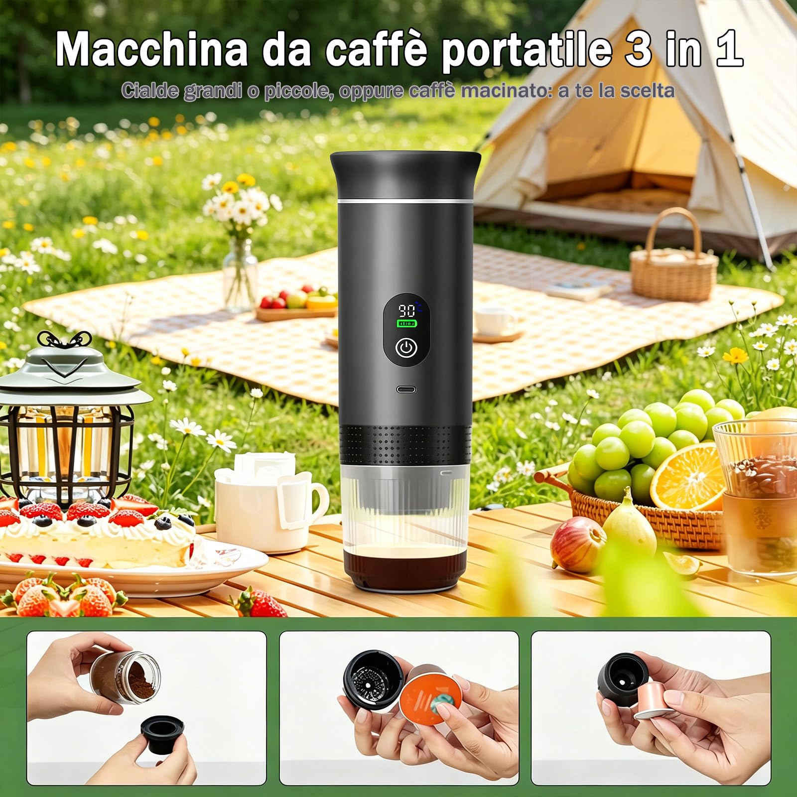 Portable Coffee Maker 3 in 1 Espresso Machine USB-C Mini Electric Hot Water Coffee Maker Compatible with Ness-Preso, Dolce-Gusto and Ground Coffee Capsules