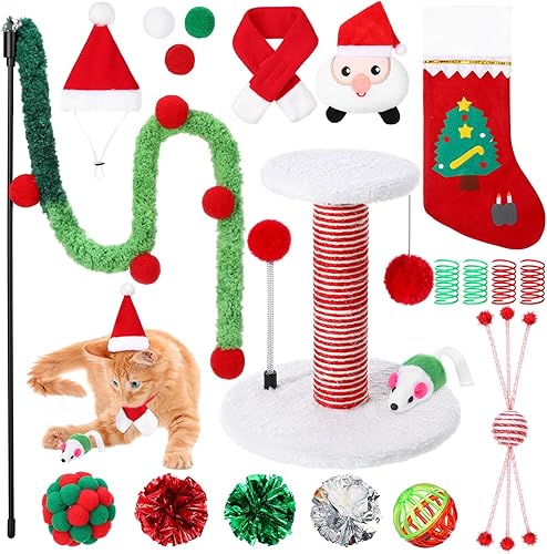 Paquete de 28 juguetes de Navidad para gatos, poste rascador interactivo para gatos, juguete de bola de primavera, sombrero de Papá Noel, bufanda,