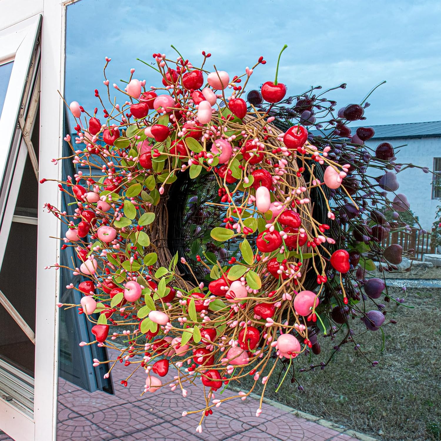 20 Inches Farmhouse Valentine's Day Wreath Romantic Valentines Wreaths for Front Door Rustic Valentines Door Wreath with Red Pink Heart Berry Cherry for Window Wall Wedding Porch Indoor - Image 3