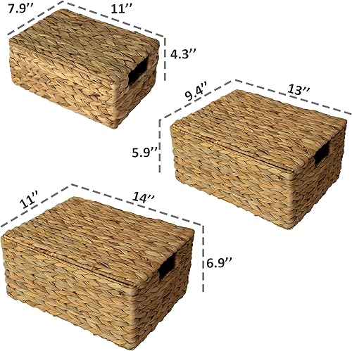 Miniatura 2 de PEMAR Cestas de almacenamiento rectangulares apilables de mimbre natural con tapas, cestas tejidas apilables, organizador de caja de almacenamiento