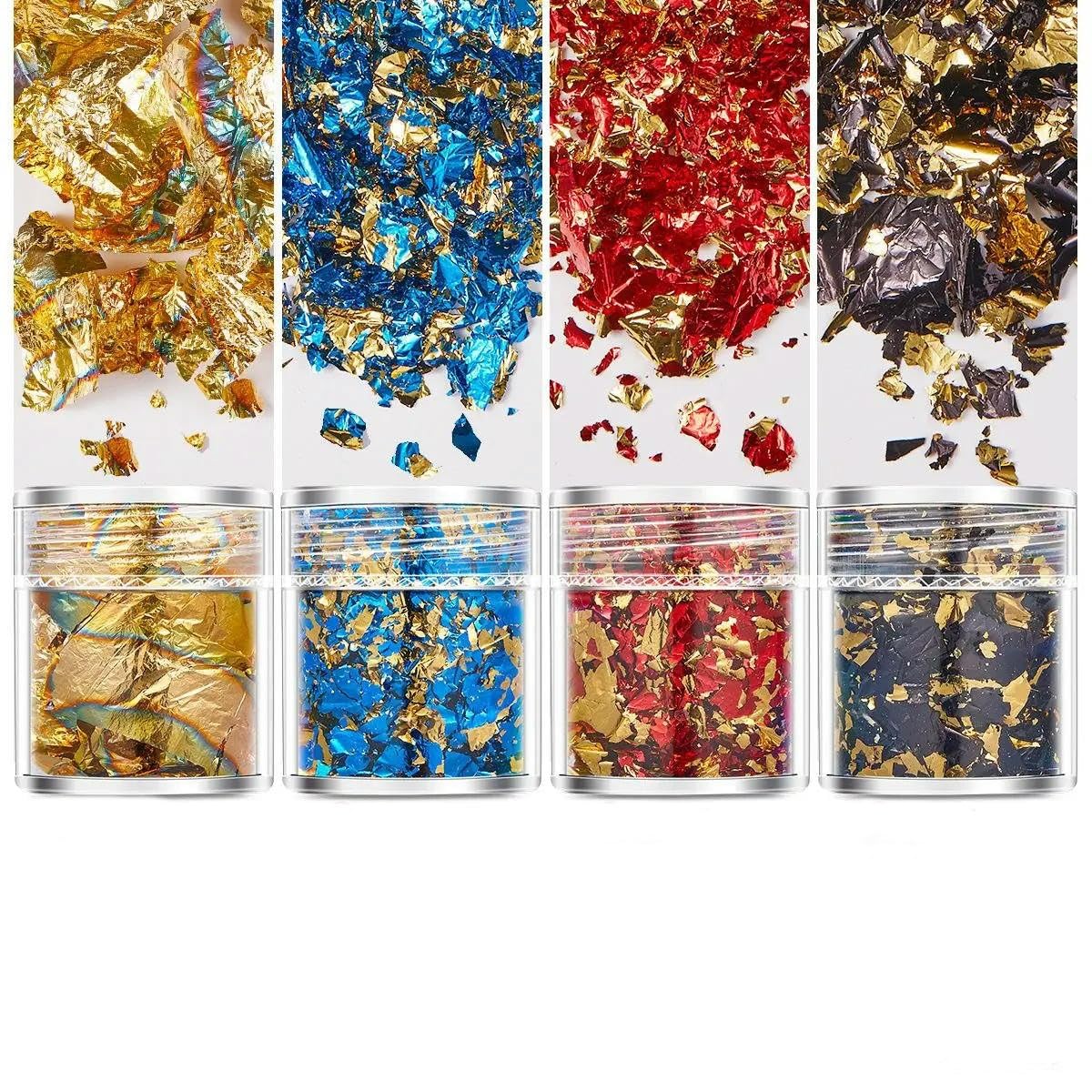 ROCKPOEM 4pcs Gold Leaf Sheets, Flakes, and Glitter for DIY Craft Projects, Nail Art, Jewelry Making - 29x25mm Gold Foil Paper