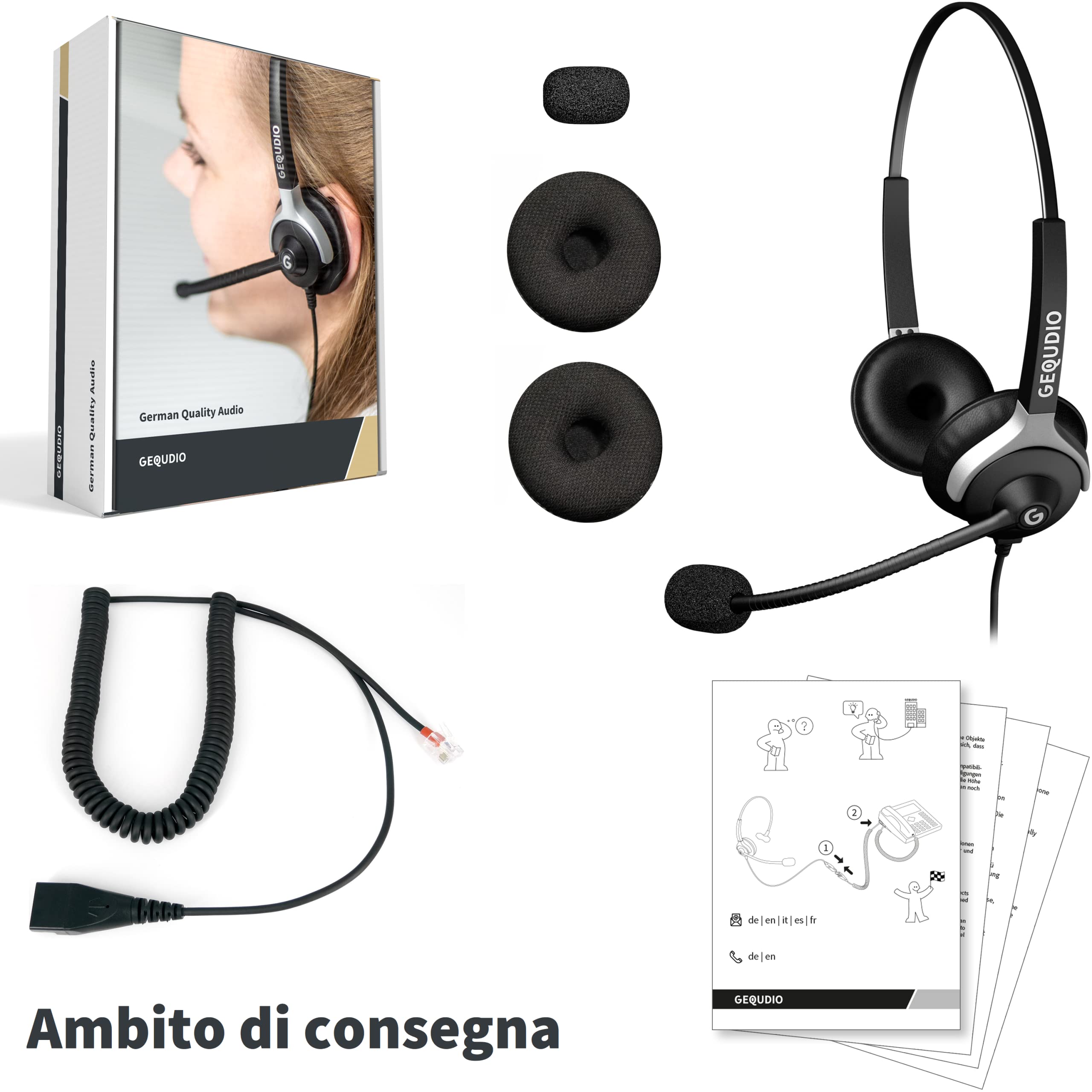 GEQUDIO Cuffie telefoni adatto a Yealink, Snom, Avaya e Grandstream telefono con connettore RJ - Cuffie e microfono Cuscinetti di ricambio - 80g di peso (2-altoparlanti)