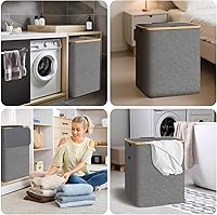 Vista 8 de BALEINE Cesta de lavandería con tapa, cestas altas para la ropa sucia con asas de bambú, contenedor grande para la ropa sucia con soporte interno