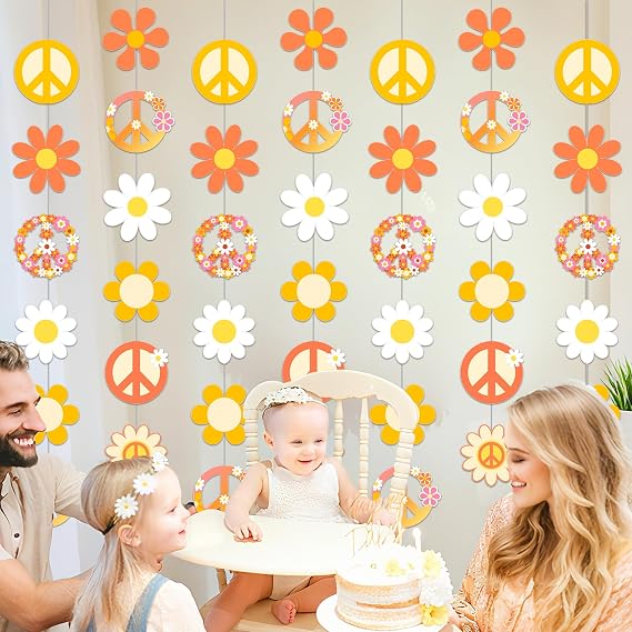 Hippie Party Garlands 60's Theme Party Decorations 8PCS 60s Groovy Retro Flower Paper Cutouts Garlands Peace Sign Daisy Hanging Ceiling Decor for Hippie Theme Groovy Party Supplies